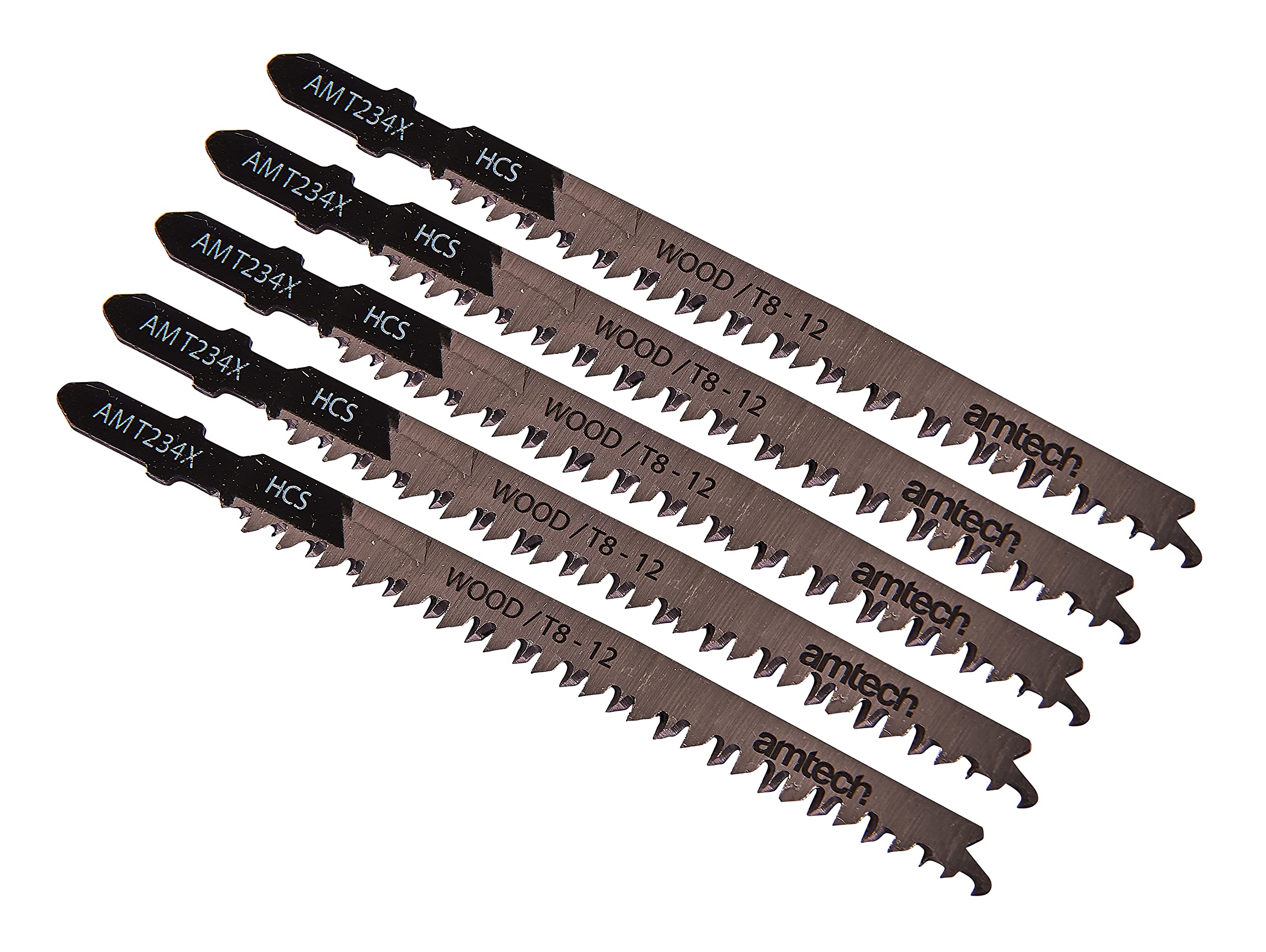 Amtech 5pc Wood Jigsaw Blade Set (AMT234 X), HCS T-Shank, 116 mm, 8 12 TPI for Clean, Precise Cuts in Softwood, Chipboard and Fibreboard