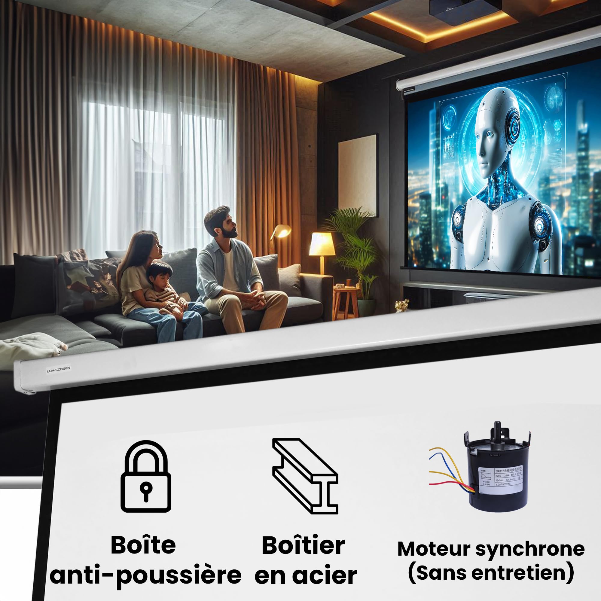 Écran de Projection motorisé Luxscreen de 112 Pouces. Dimensions du Tissu : 1,97 x 1,97 m. Boîtier en Acier de 2,23 m. Tissu Blanc Mat avec Gain de Brillance 1.1. Télécommande Incluse.
