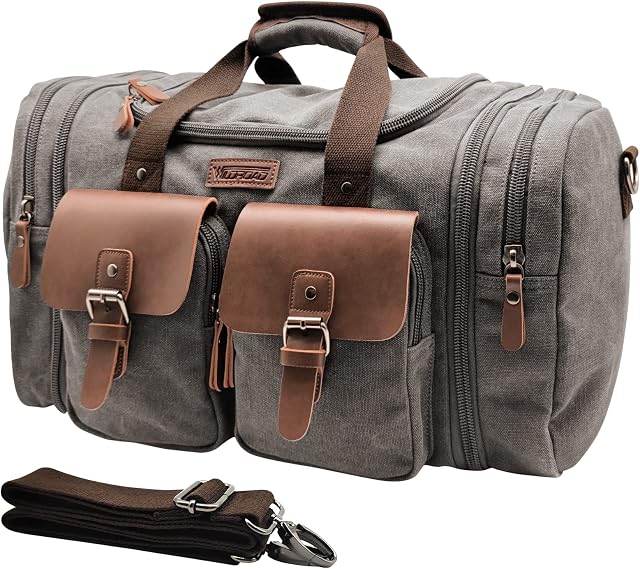 Wildroad Expandable Canvas Travel Duffel Bag,50L Large Duffel Bag for Men with Multi-Pockets,Overnight Weekend Bag,Unisex Holdall Travel Duffle Bag,Weekender Bag for Men & Women,Grey