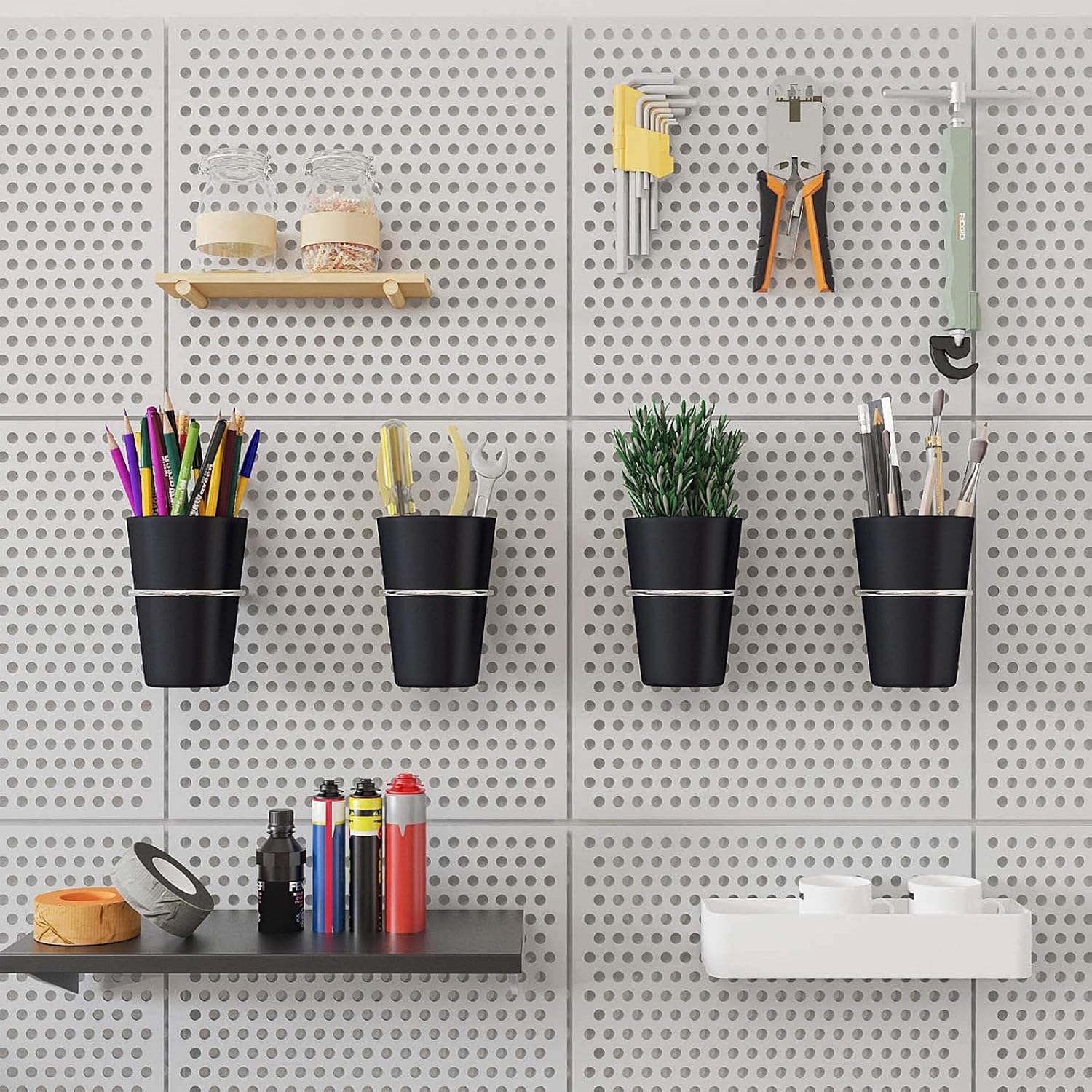 16 Set Pegboard Hooks with Pegboard Cups,Peg Board Cups with Ring, Black Pegboard Bins Pegboard Cup Holder Accessories for Office Wall Organizing Storage Tools