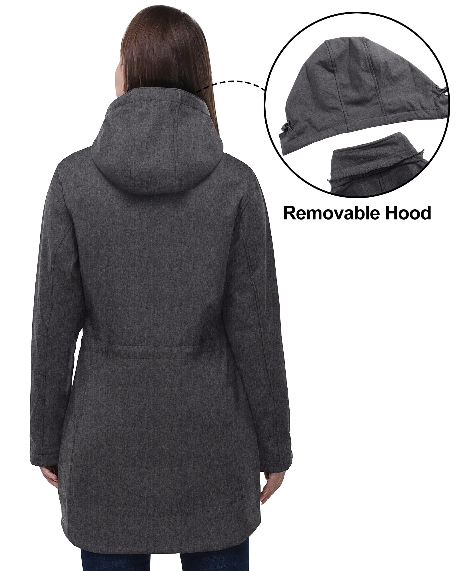 Giacca lunga da donna in softshell, con cappuccio, foderata in pile, antivento, impermeabile