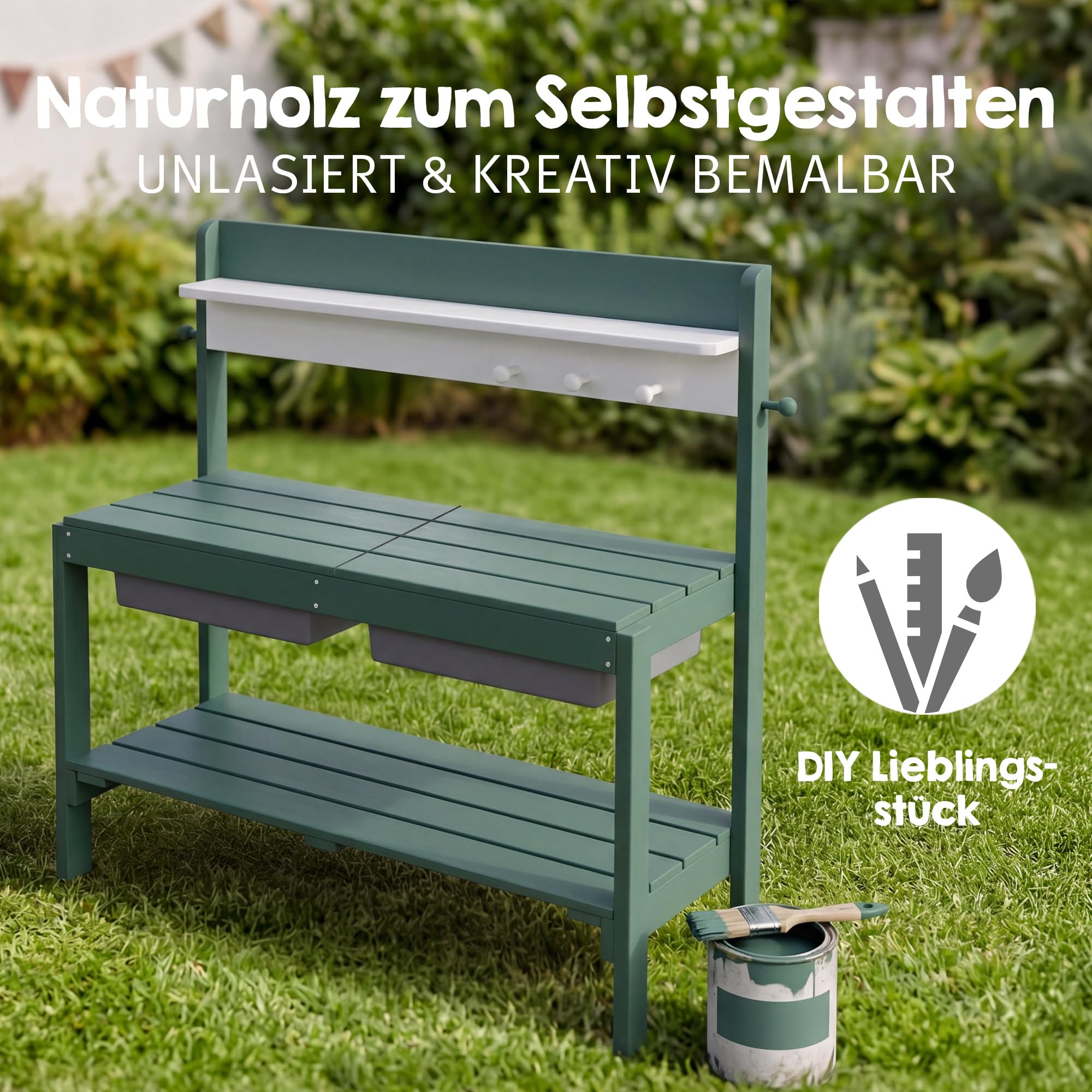 roba Kinder Outdoor+ Gartenküche "Fun" - Holz - Matschküche mit Abnehmbarer Abdeckung - Natur