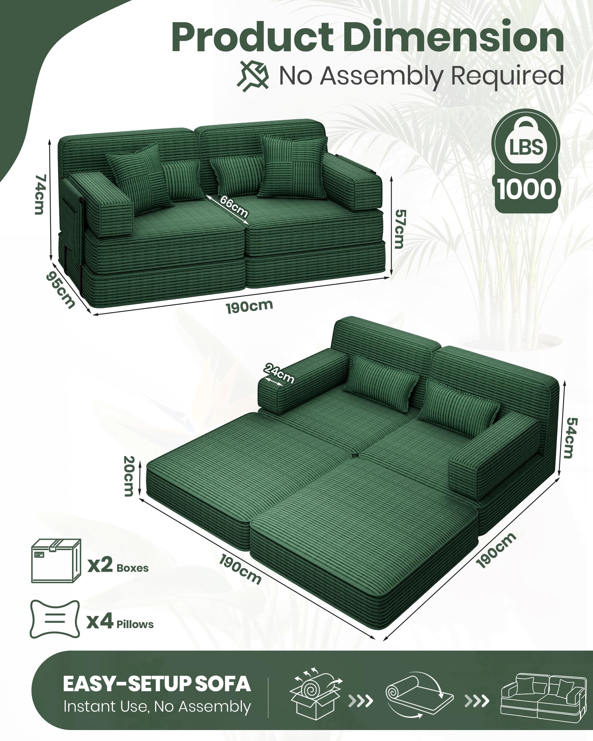 Divano letto disossato, 190 cm, divano modulare convertibile 5 in 1, velluto a coste senza montaggio, divano letto matrimoniale pieghevole a 2-3 posti con contenitore, 4 cuscini e struttura in metallo
