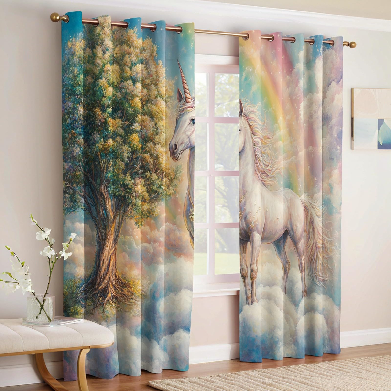 Chambre Rideaux Occultants Licorne Isolation Thermique,Impression Blanc À Œillets pour Fenêtre,Chambre et Salon,2 Panneaux,117L X 183H cm