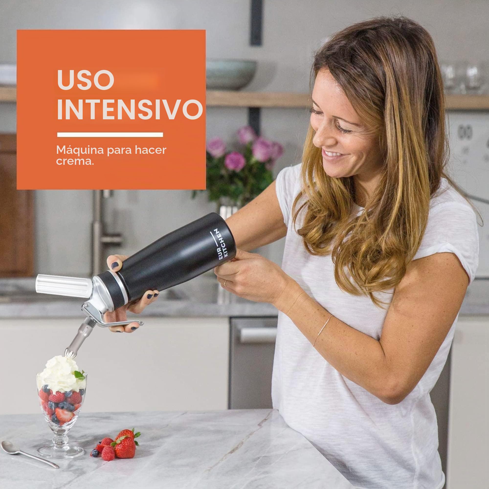 EurKitchen Dispensador de Nata Profesional en Aluminio - Sifón de Cocina Antigoteo con 3 Boquillas Decorativas y Cepillo de Limpieza – Sifón de Cocina Espumas de 500 ml – Cartucho Gas N2O No Incluido