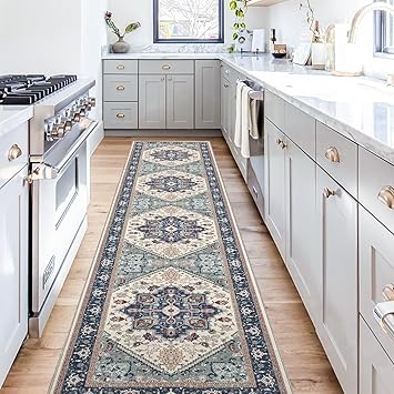 OPPODREAM Soft Entryway Rug 2x10, 2x10 Rug Runner, Washable Hallways Carpet 2 x 10 with Non Slip Backing, Low-Pile Bedside Carpet 2 x 10, Long, Faux Cashmere, Navy Blue & Red & Cream