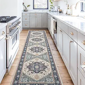 OPPODREAM Soft Entryway Rug 2x10, 2x10 Rug Runner, Washable Hallways Carpet 2 x 10 with Non Slip Backing, Low-Pile Bedside Carpet 2 x 10, Long, Faux Cashmere, Navy Blue & Red & Cream