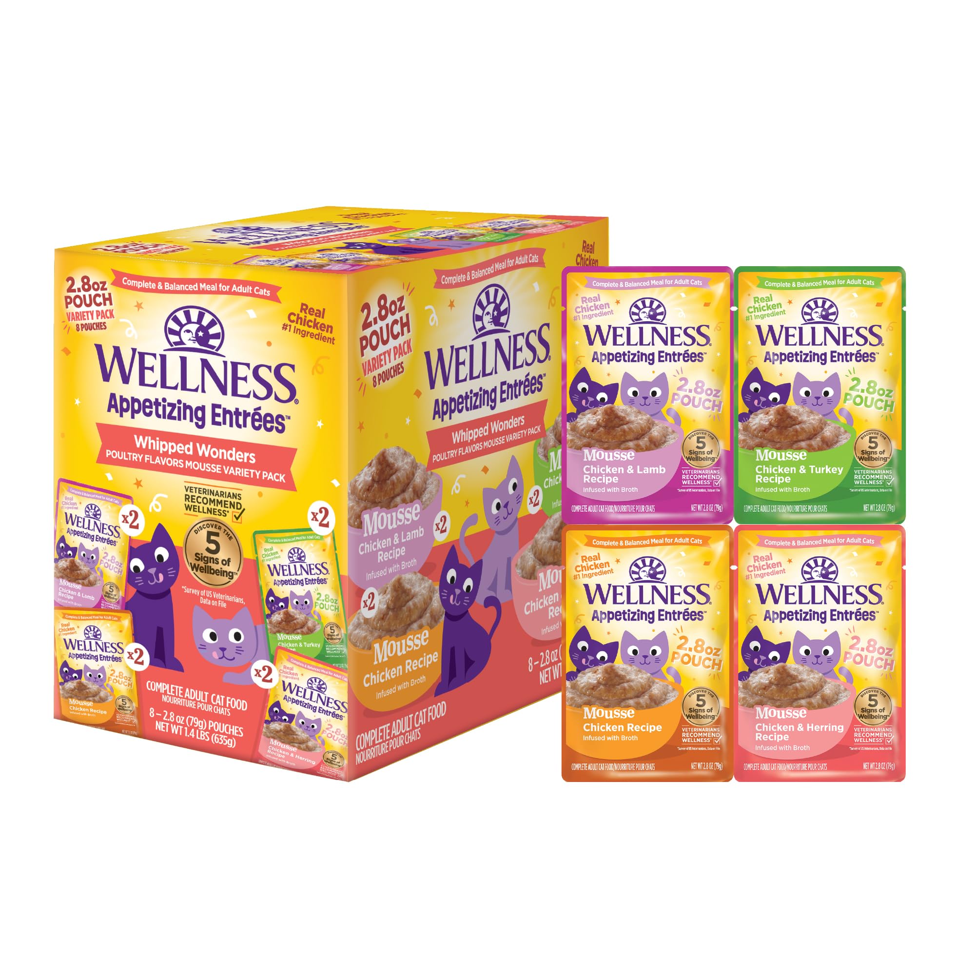 Wellness Appetizing Mousse Flaked Variety Pack Adult Wet Cat Food, Natural, Protein Rich, Grain Free, Whipped Wonders, 2.8 oz, Pack of 8 Pouches