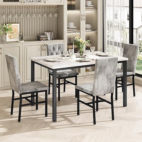 Miniatura 3 de Hooseng Juego de 4 sillas de mesa de comedor pequeñas de mármol sintético con lujosas sillas de comedor copetudas con botones para cocina y comedor