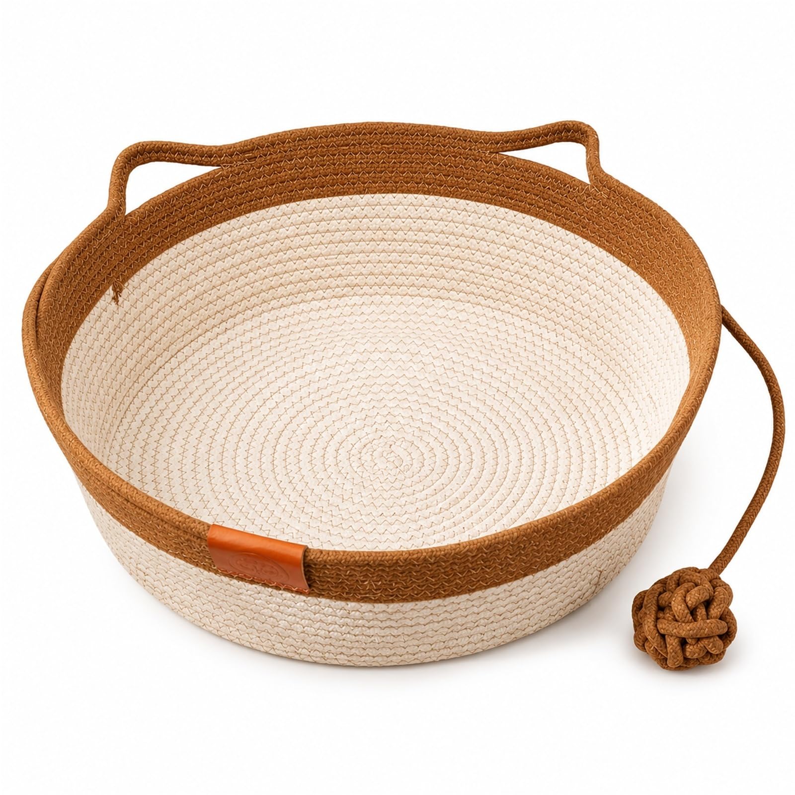 Wicker Cat Basket Cotton Rope Cat Enrichment Bed, Khaki Handwoven Basket With Toy Tail And Cat Ear Design, Breathable All-Season Indoor Cat Bed(Khaki)
