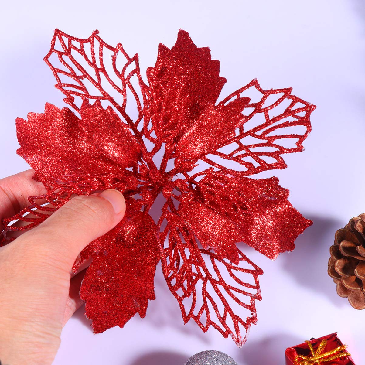 TOYANDONA Decoración Navideña 12 Pcs Glitter Poinsettia Flowers Hollow Artificial Flowers Christmas Ornaments Xmas Tree Hanging Pendant () Liquidación De Adornos Navideños