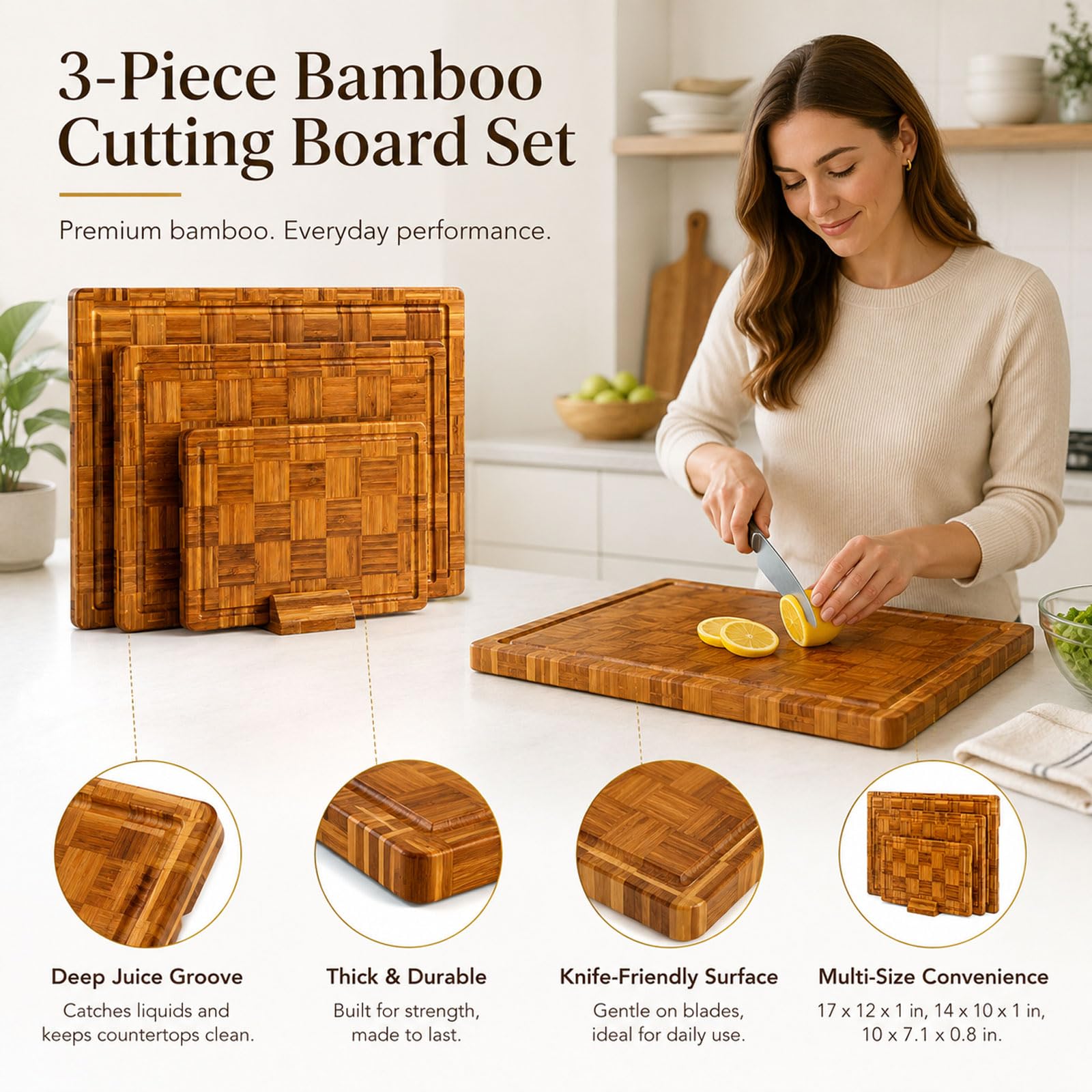 Tabla Cortar Bambú con Soporte, 3 Piezas Tablas para Picar Cocina De Madera con Ranura para Jugos, Tabla para Carne, Fruta, Verdura, Pan Y Quesos Brown,3 PCS (S/M/L)