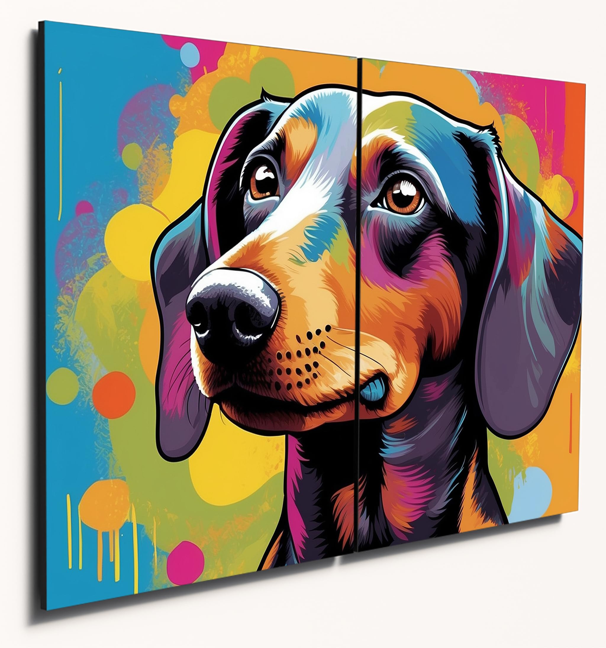 The Plum Penguin Pop Art Dachshund Wall Art Twin Set - Vibrant A4 MDF Wood Home Decor Canvas Alternative 40 x 30cm