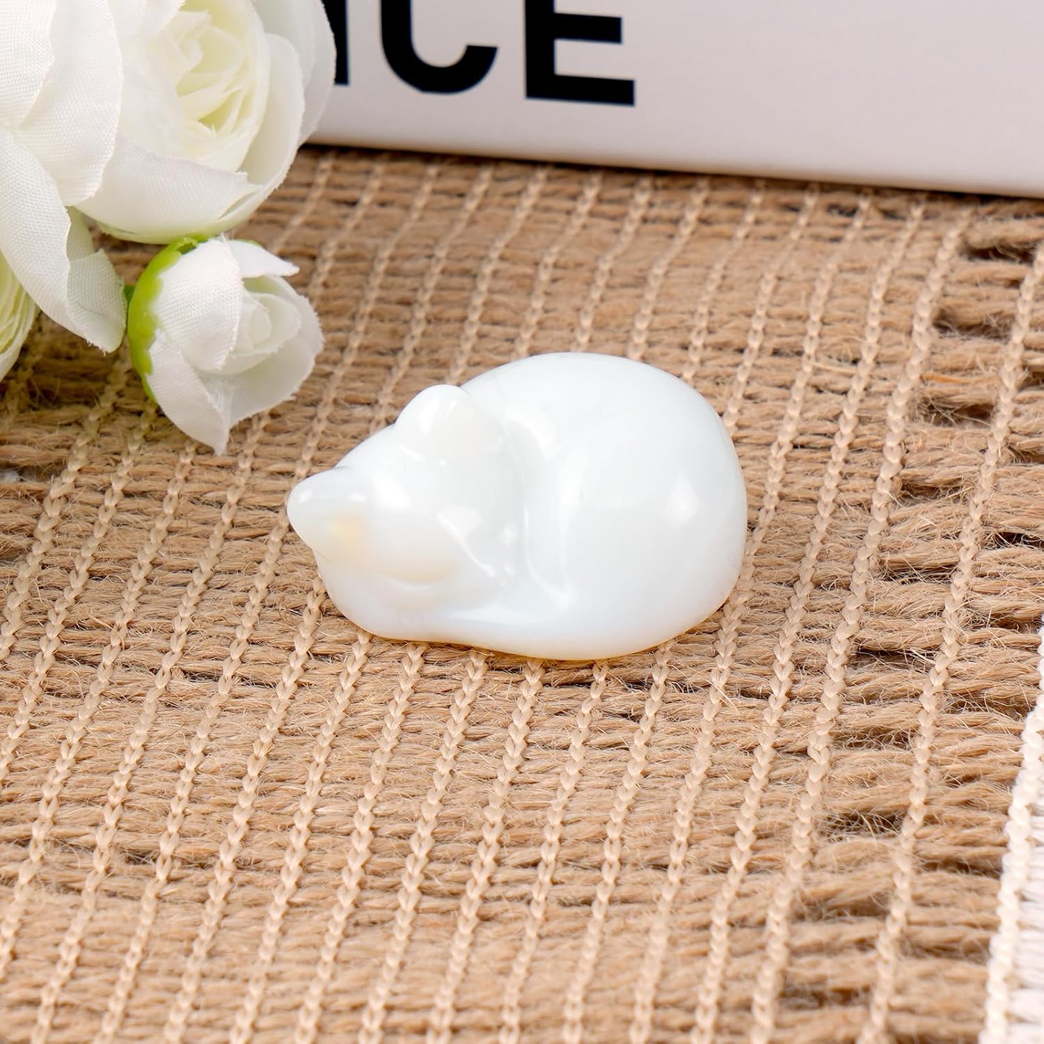1.5" Carved Sleeping Cat Opal Crystal Kitten Statue, Moon White image 4