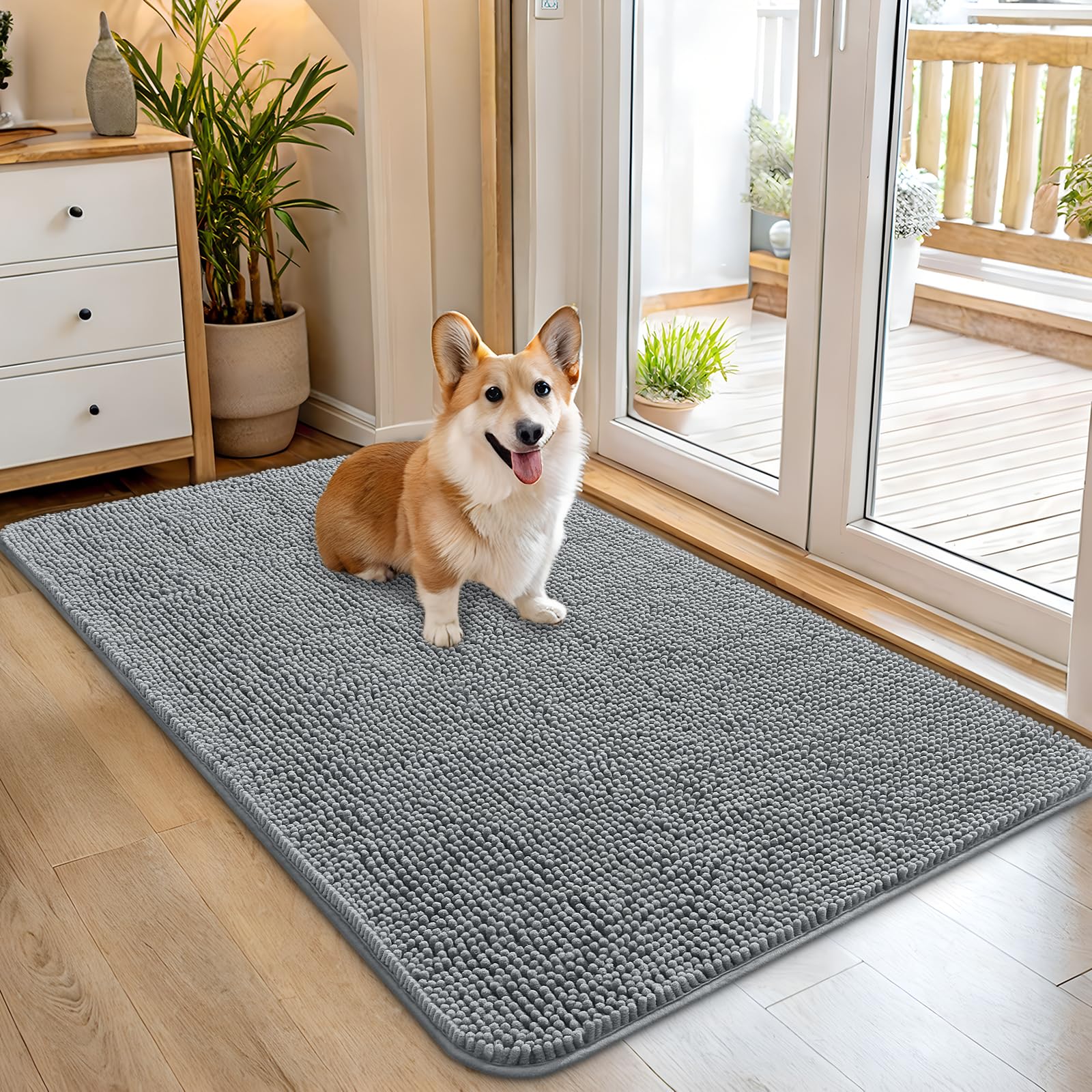 OLANLY Dog Mat with Dirty Paws Absorbs Moisture and Dirt Absorbent Non-Slip Washable Quick Dry Entrance Mat for Indoor Grey