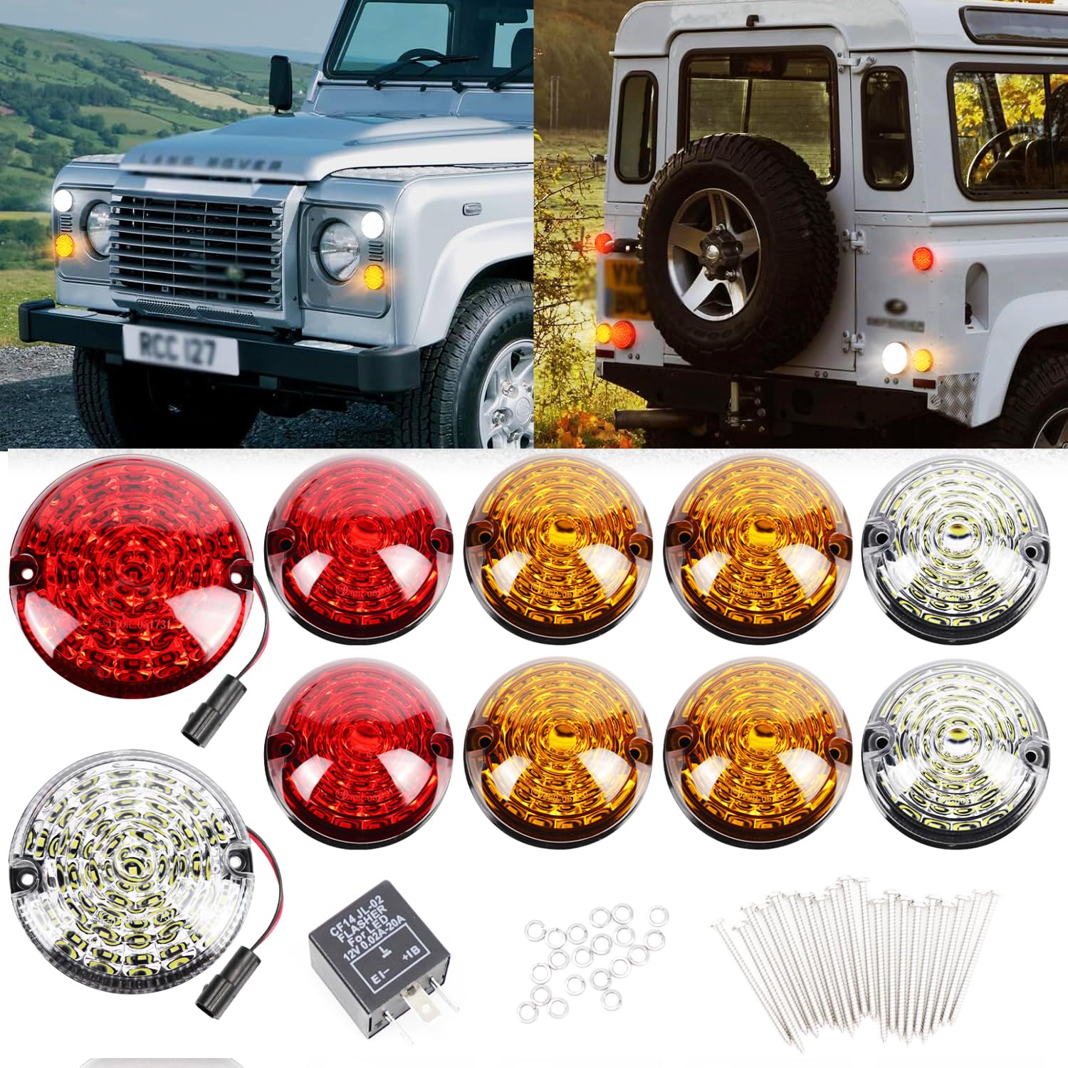 HEYOUTH 10PCS for Defender LED Light Upgrade Kits,Trasera Luces,Antiniebla Luz de Marcha Atrás Luz lateral Delantera compatible for Land Rover Defender 90/110 1990-2016 (Lentes de colores)