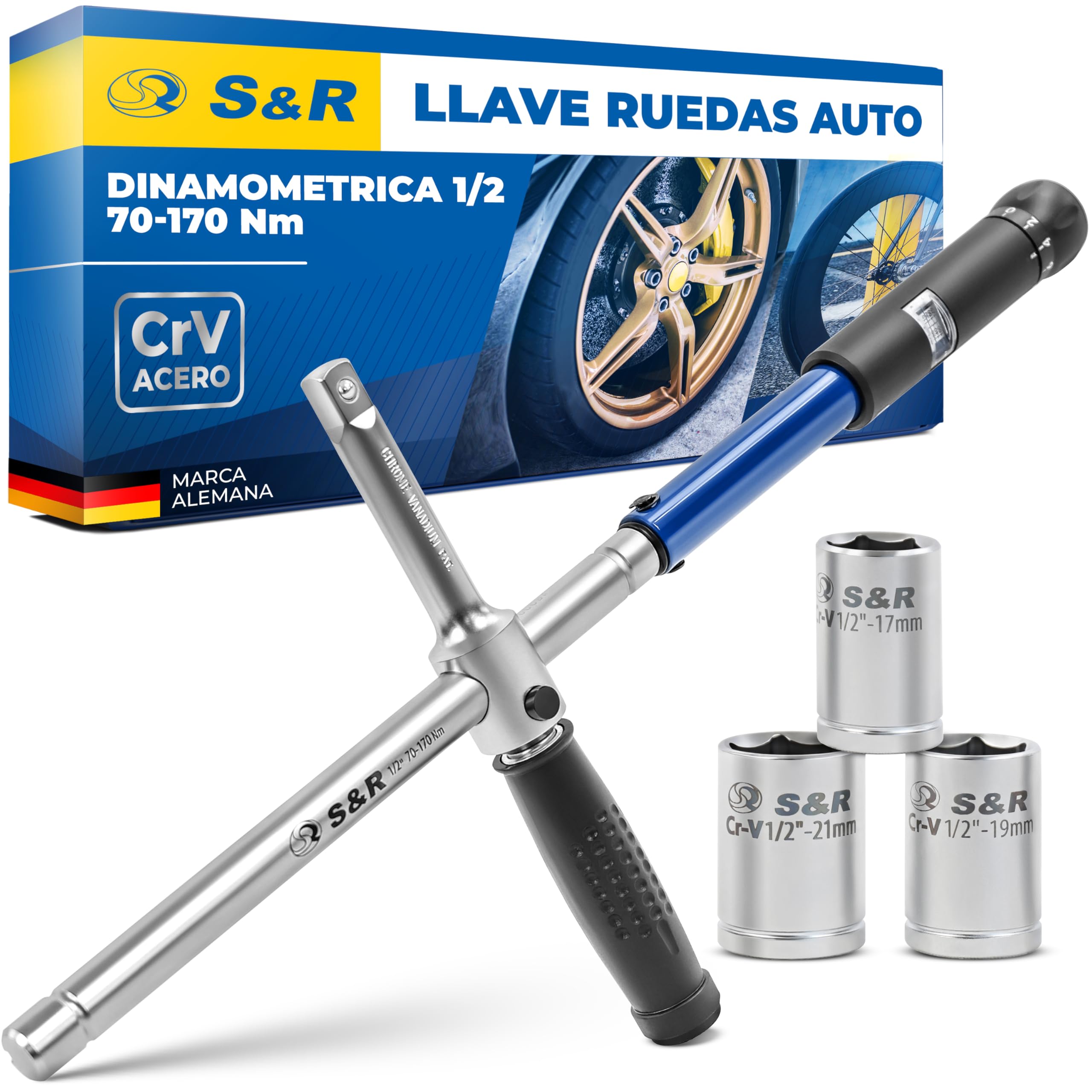 S&R Llave Dinamométrica 1/2 (70-170 Nm) Llaves Ruedas Auto Cruzada de 23.5 cm para Coches. Llave cruzada con 3 zócalos de 17, 19, 21 mm en acero CR-V en Caja Sólida
