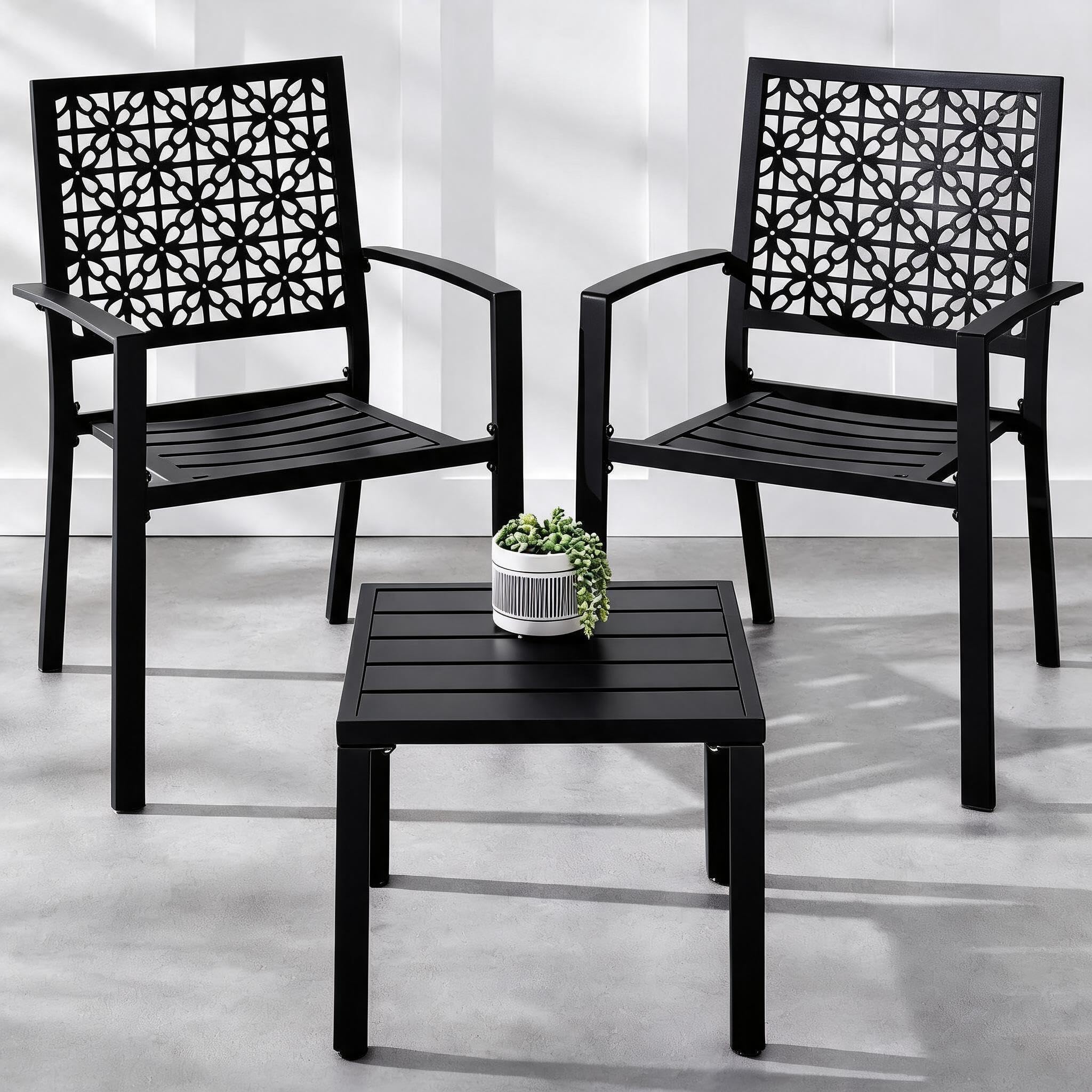 GarveeHome 2 Pack Stackable Metal Garden Dining Chairs with Armrests