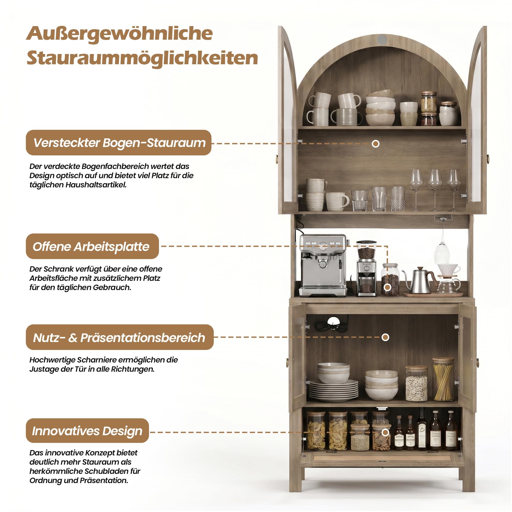 GRAVFORCE Küchenschrank mit Arbeitsplatte und Steckdose – 190cm Buffetschrank mit LED Sideboard Küche Glastür verstellbaren Böden Vorratsschrank Kippsicherung für Küche Esszimmer Holzfarbe