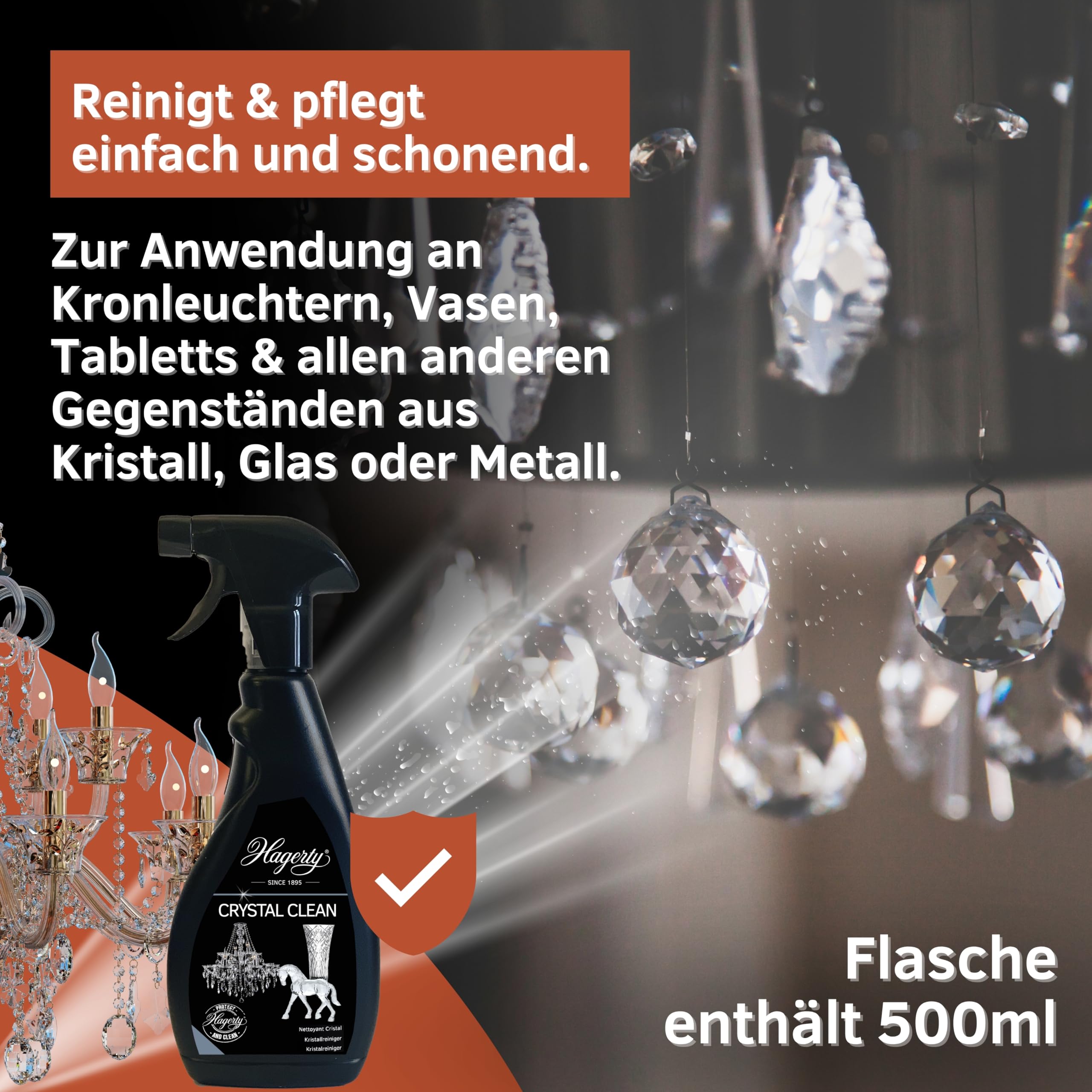 Hagerty Juego de 3 limpiadores de cristales en espray Crystal Clean, 500 ml, eficaz limpiador para lámparas de araña, spray de limpieza para la limpieza y cuidado sin esfuerzo de candelabros de