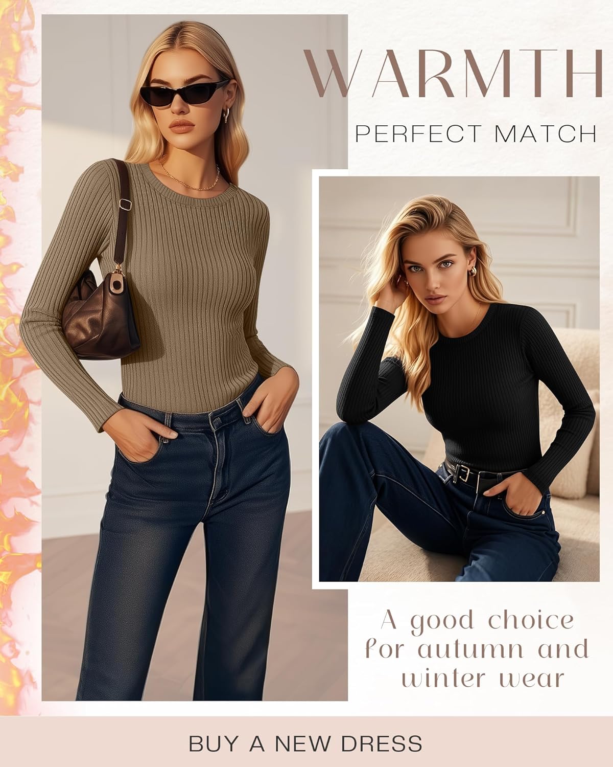 4 Pack Women's Thermal Long Sleeve Shirt Ribbed Cotton Slim Tops Crew Neck Basic Undershirt Stretch Layer Blouses - Image 4