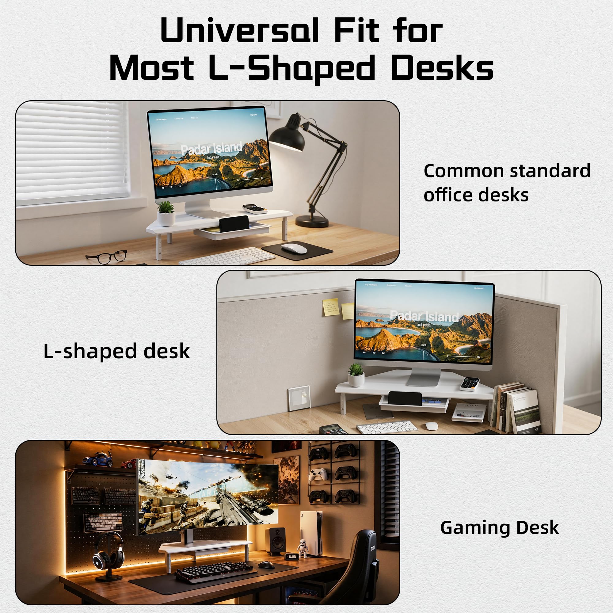 ETHU Supporto triangolare per monitor con cassetto, regolabile in altezza, per PC/laptop, supporto ergonomico per computer desktop, supporta 20 kg, bianco