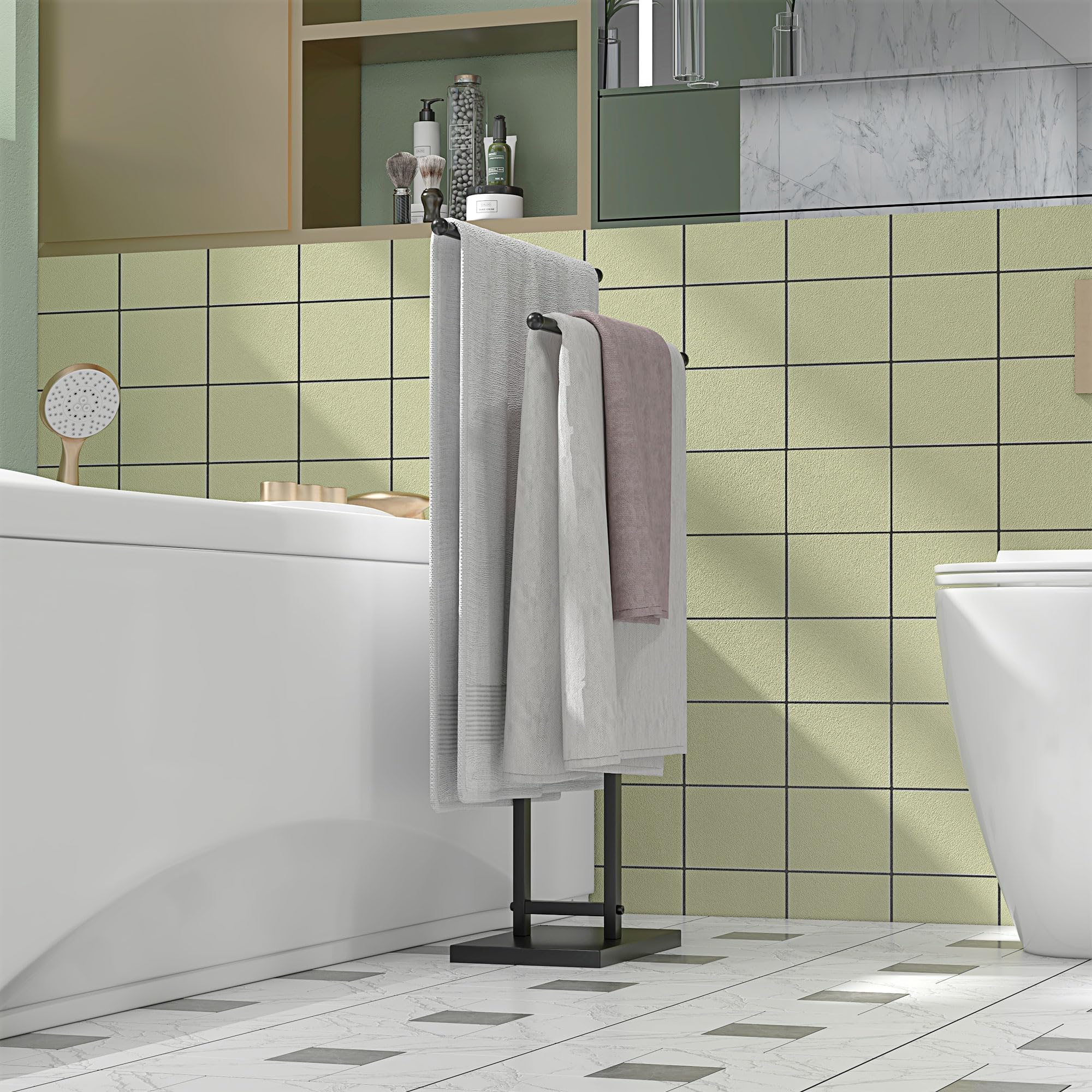 HOMCOM Porte-Serviettes sur Pied sèche Serviette 2 Niveaux en métal Support pour Serviette pour la Salle de Bain, dim. 50l x 18,5P x 85H cm, Noir