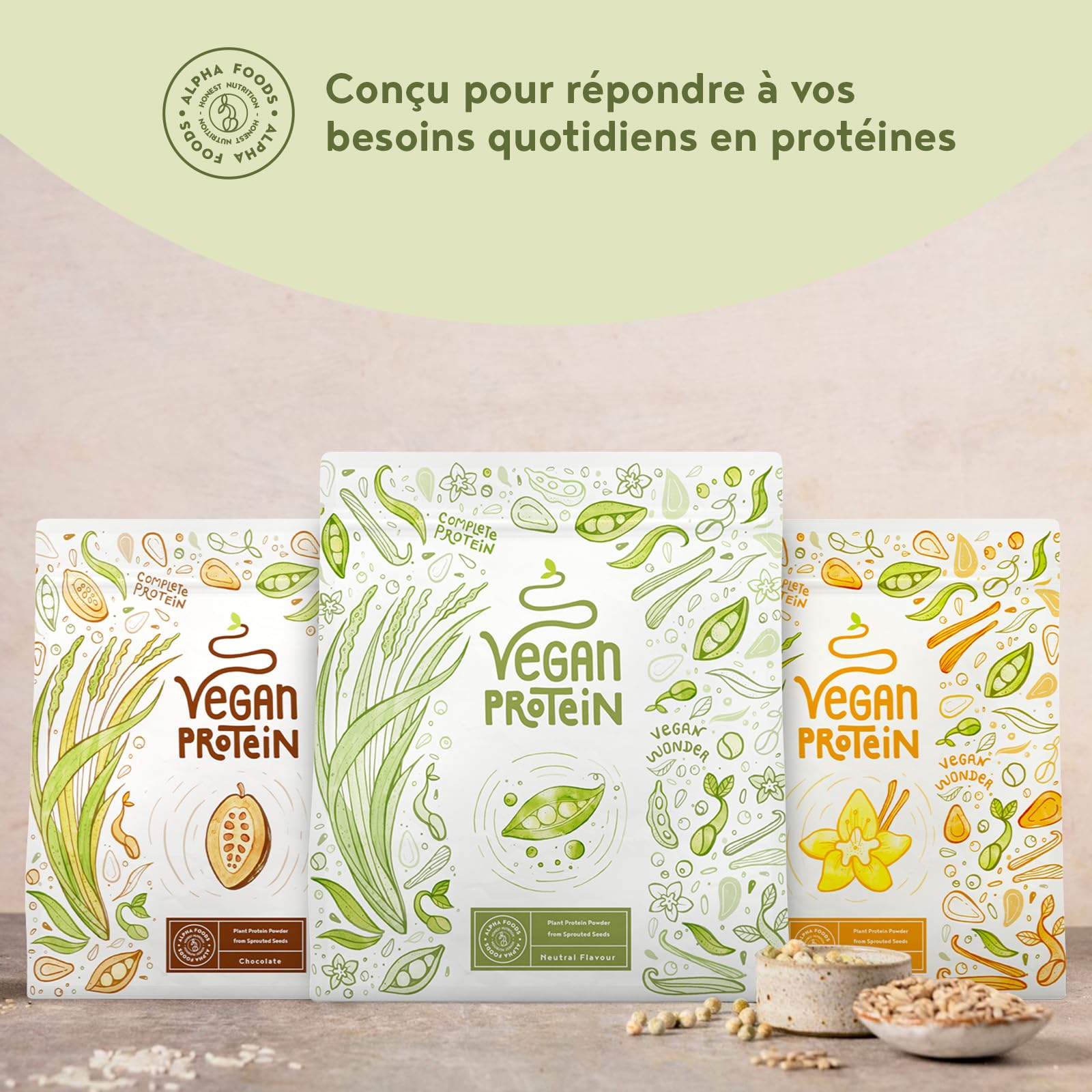 Vegan Proteine en Poudre [600g] | Non Aromatisé | 23g Protein | Soja, Riz, Pois, Graines de Tournesol | Pre/Post Workout Proteines Musculation | Protéine Powder | Shake de Protéines | Alpha Foods
