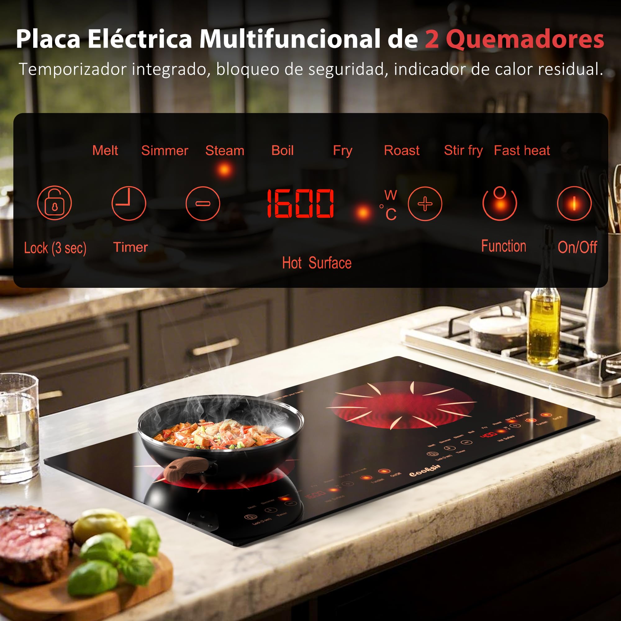 Placa Vitrocerámica de 2 Fuegos Portatil, 60 cm Para Empotrar o Móvil | Cooksir Vitroceramica, Autónoma, Tacto Horizontal Independiente, Bloqueo de Seguridad, 220 V ~ 240 V, 3600 W, con Enchufe