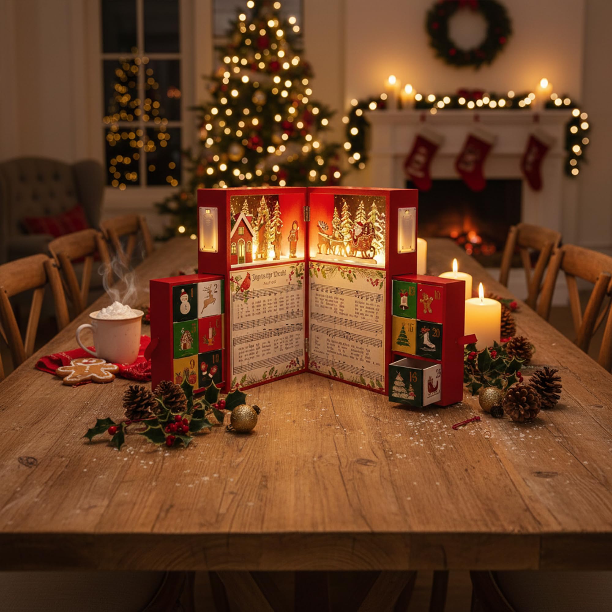 PE Calendario dell'Avvento in legno, decorazione natalizia con villaggio