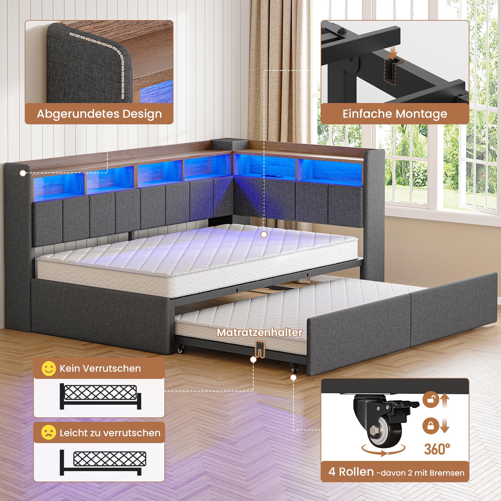 AOGLLATI Polsterbett Schlafsofa 90x200 mit Ausziehbarem Gästebett 90x190