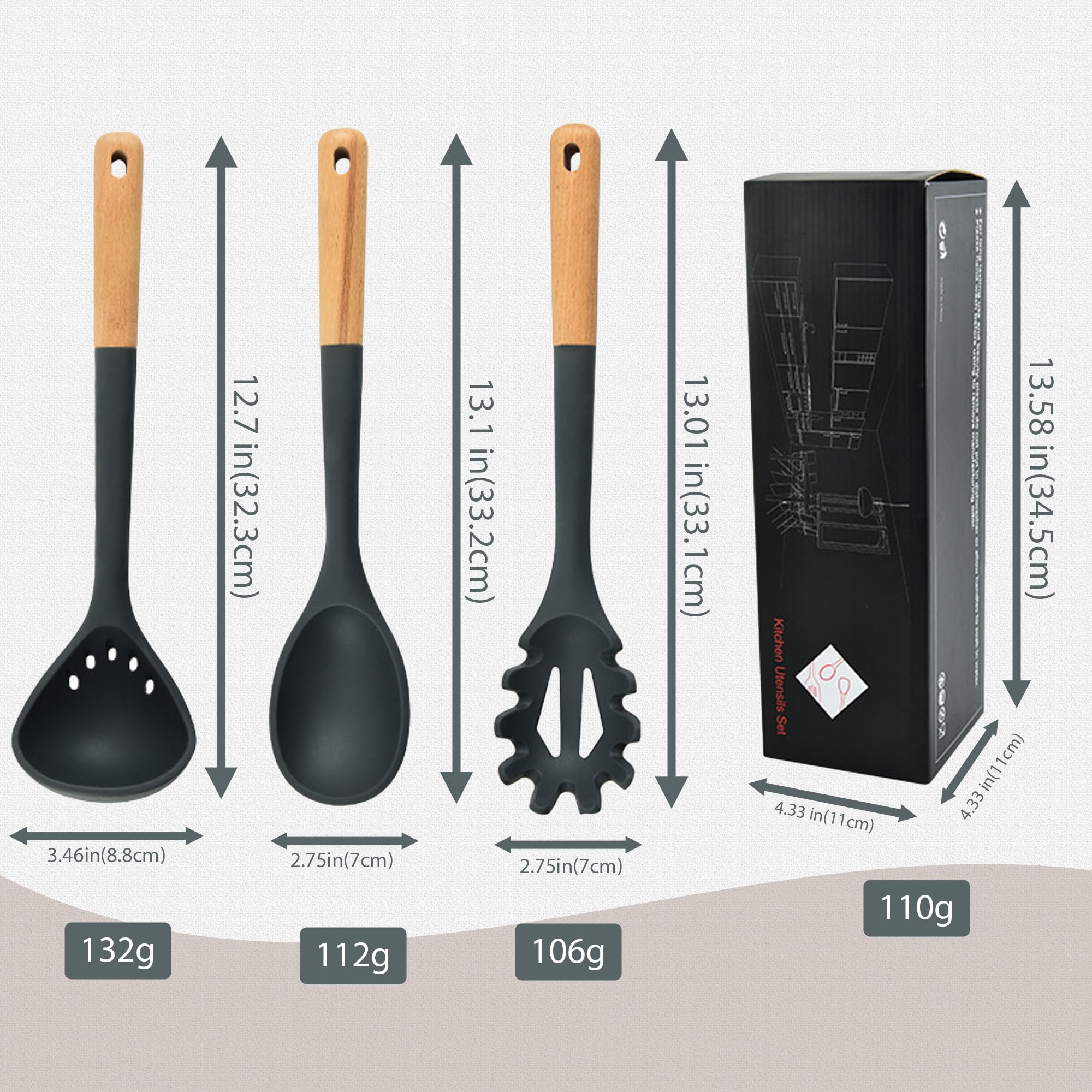 Juego de 7 utensilios de cocina con mango de madera, cabeza de silicona antiarañazos + nailon resistente al calor (cuchara ranurada, cuchara sólida, colador para pasta, espátula) para utensilios de
