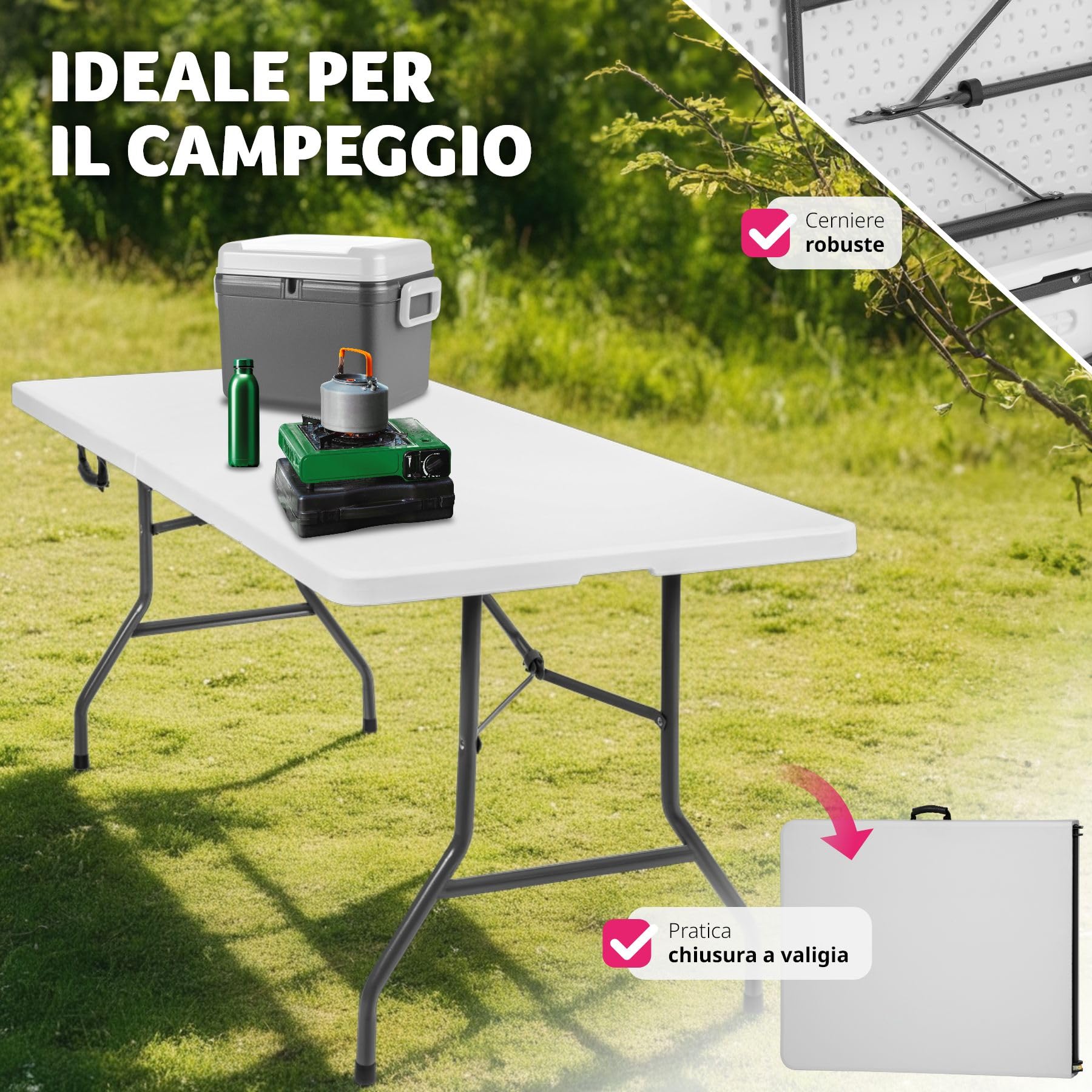 tectake® Tavolo da Campeggio Pieghevole con Maniglia, Tavolo Salvaspazio, Tavolo da Giardino con Base in Acciaio, Tavolino Portatile, Resistente alle Intemperie, 183 x 76 x 74 cm - Bianco
