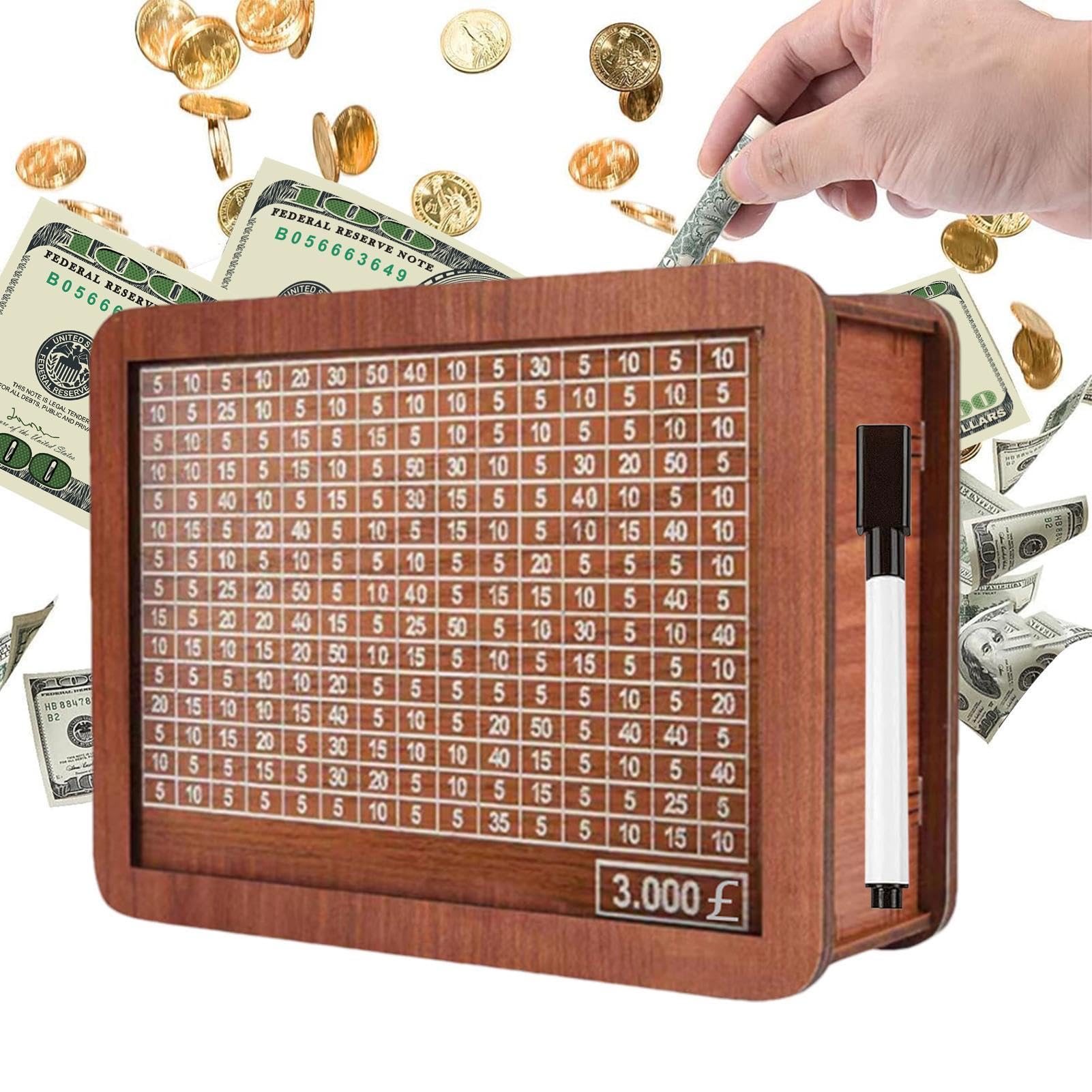 Neamou Boys £3,000 Cash Saver Box,Wood Visible Money Saving Box With Counter - Decorative Multifunctional Cash Vault, Cash Savings Challenge Box With For Girls, Women, Men