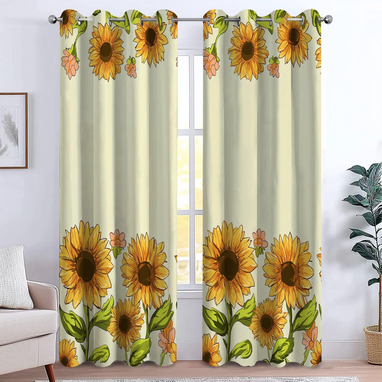 Generisch Sonnenblumenrand 2er Set Verdunkelungsvorhänge mit Ösen, Handgemalt Blickdicht Thermo Isoliert Vorhänge für Wohnzimmer & Schlafzimmer, HxB 166 x 75 cm