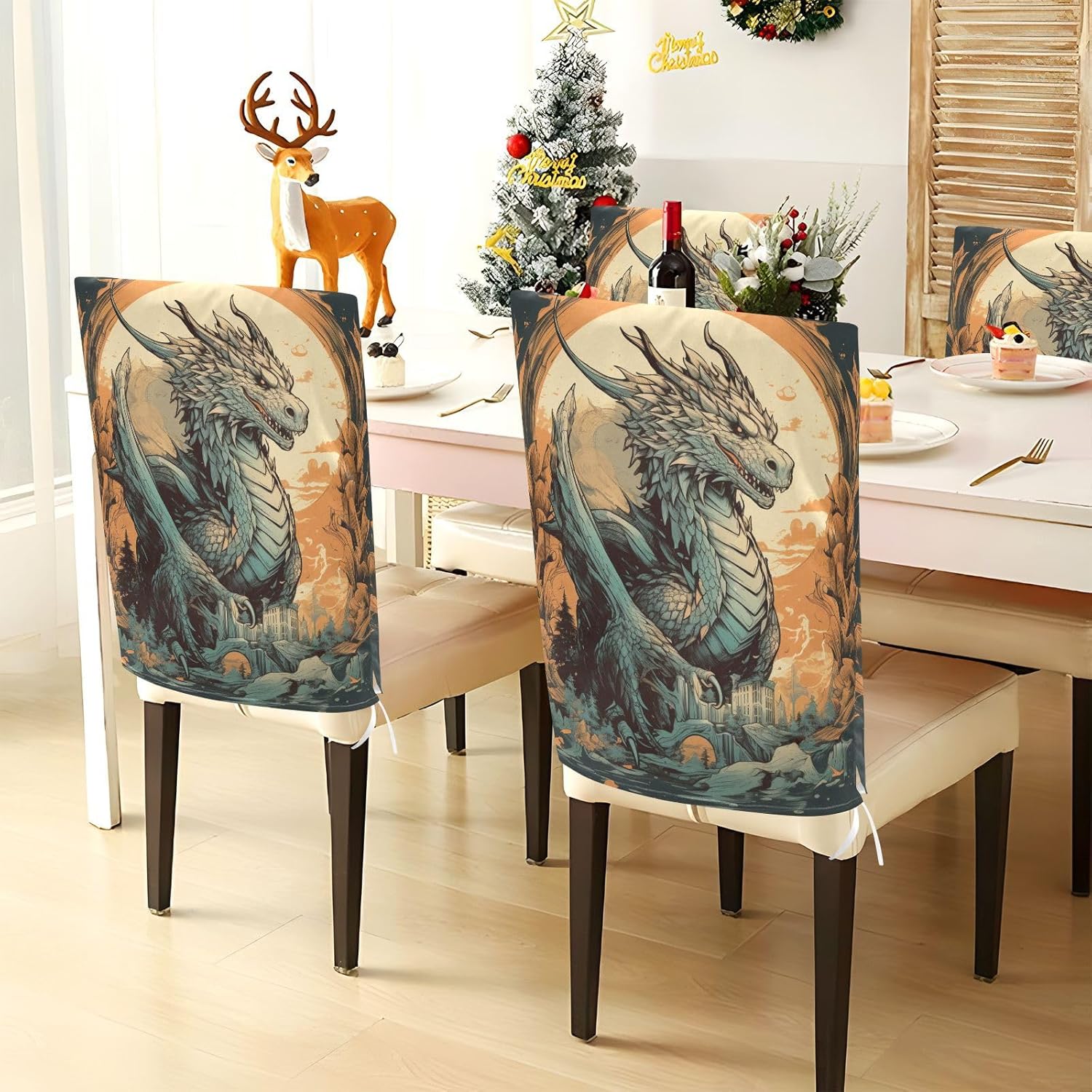 ALAZA Blue and Orange Dragon Chair Back Cover Set of 6, Washable Reusable Removable Chair Slipcovers Decorative Chair Cover for Home Kitchen Wedding Party