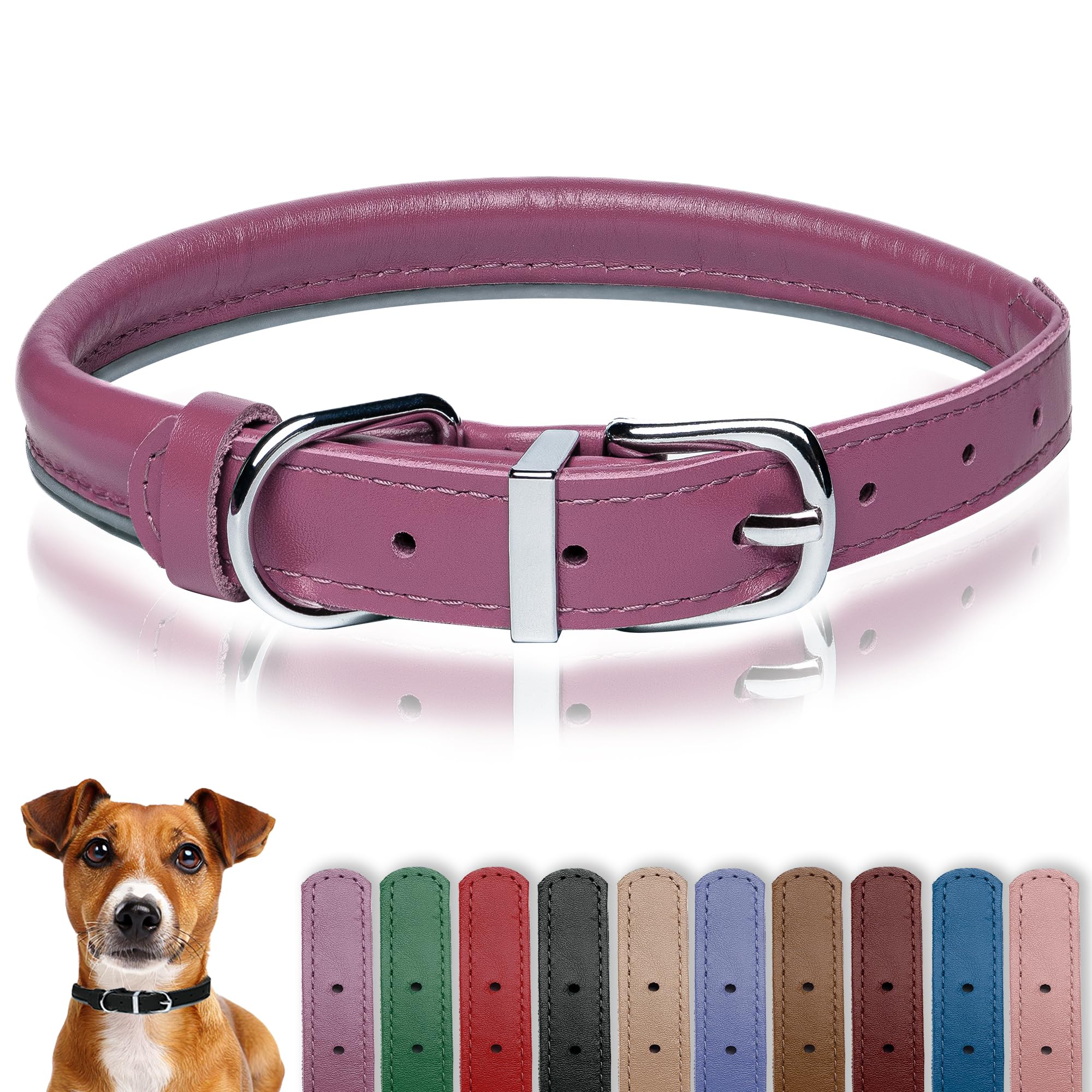 OOPSDOGGY Rolled Leather Dog Collar Reflective Roll Colars for Small Medium Large Dogs Puppy (Fuchsia, XL, 43-53 cm)