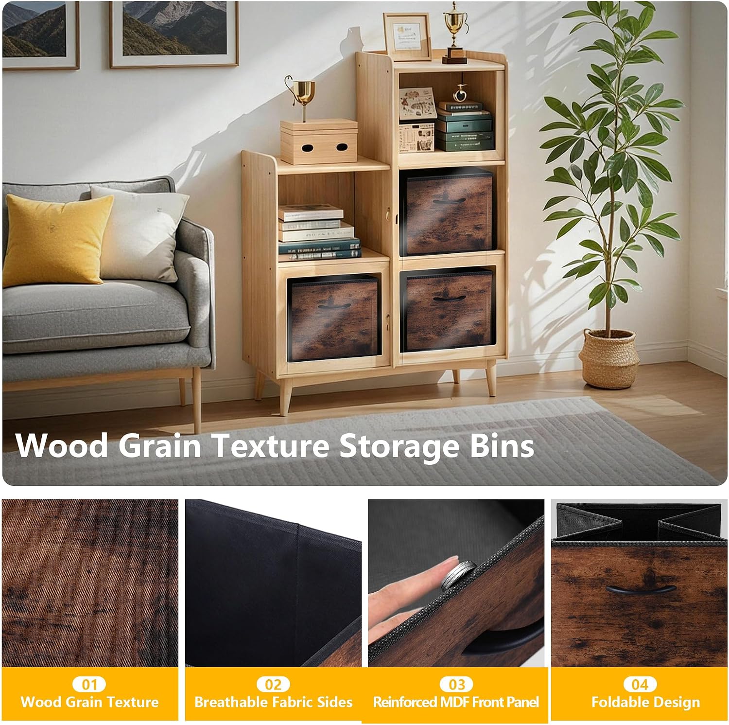 WUIKE 13-Inch Rust Brown Cube Storage Bins, Wood Print Front, 4-Pack image 3
