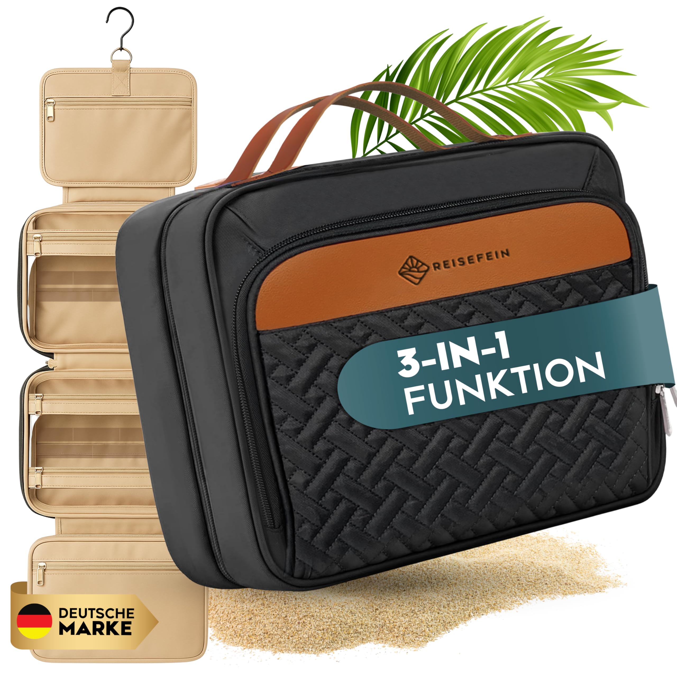 Neceser grande para mujer, 3 en 1, con 4 compartimentos, compartimento para joyas y neceser de maquillaje, práctico neceser para viajes y orden, Negro , Neceser colgante para mujer, 4 compartimentos