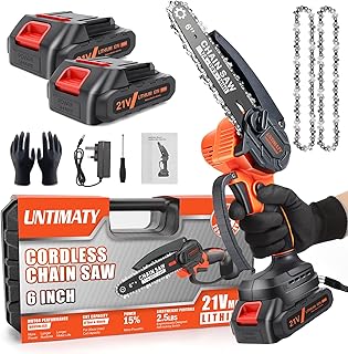 Mini Chainsaw, 6 Inch Cordless Electric Chainsaw with Brushless Motor 2 Rechargeable Batteries and 2 Chains Suit for Garden Courtyard Tree Branch Wood Cutting