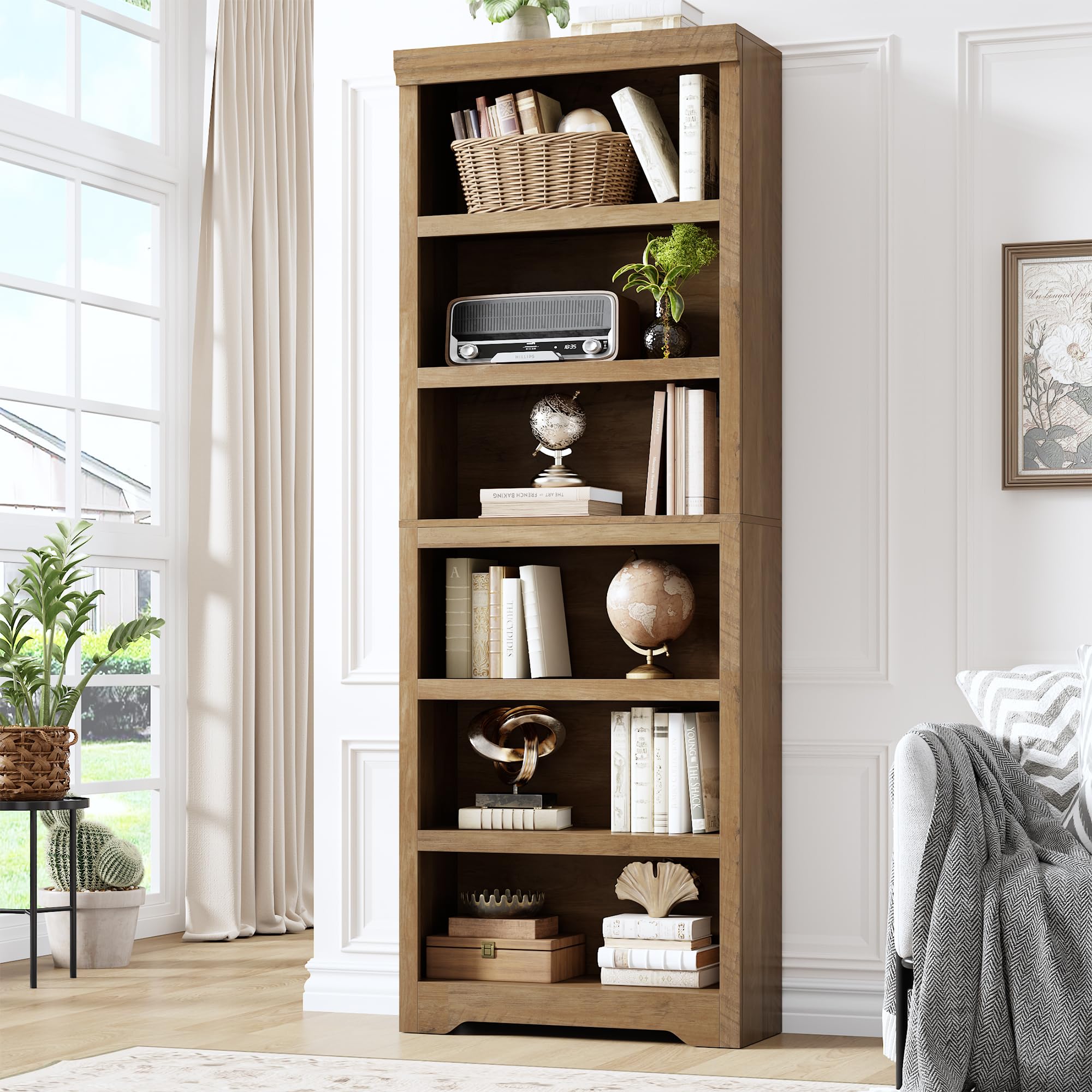 6 Tier Bookshelf, 75" Tall Farmhouse Bookcase - with Adjustable Shelves, Floor Standing Open Display Storage Rack with Anti-Slip Design for Home