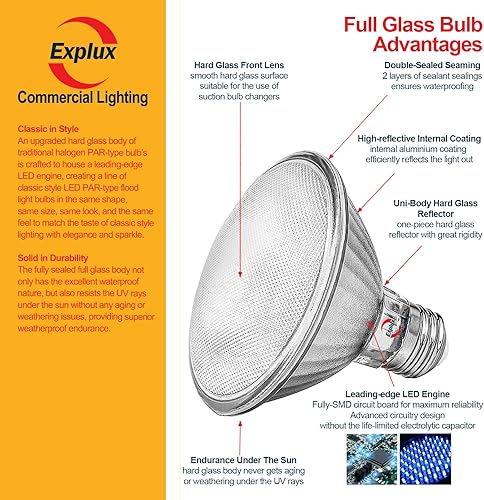 Miniatura 3 de Explux - Bombillas LED PAR30 de grado comercial de cuello corto, equivalente a 75 W, 40000 horas, regulables, de vidrio completo, impermeable y