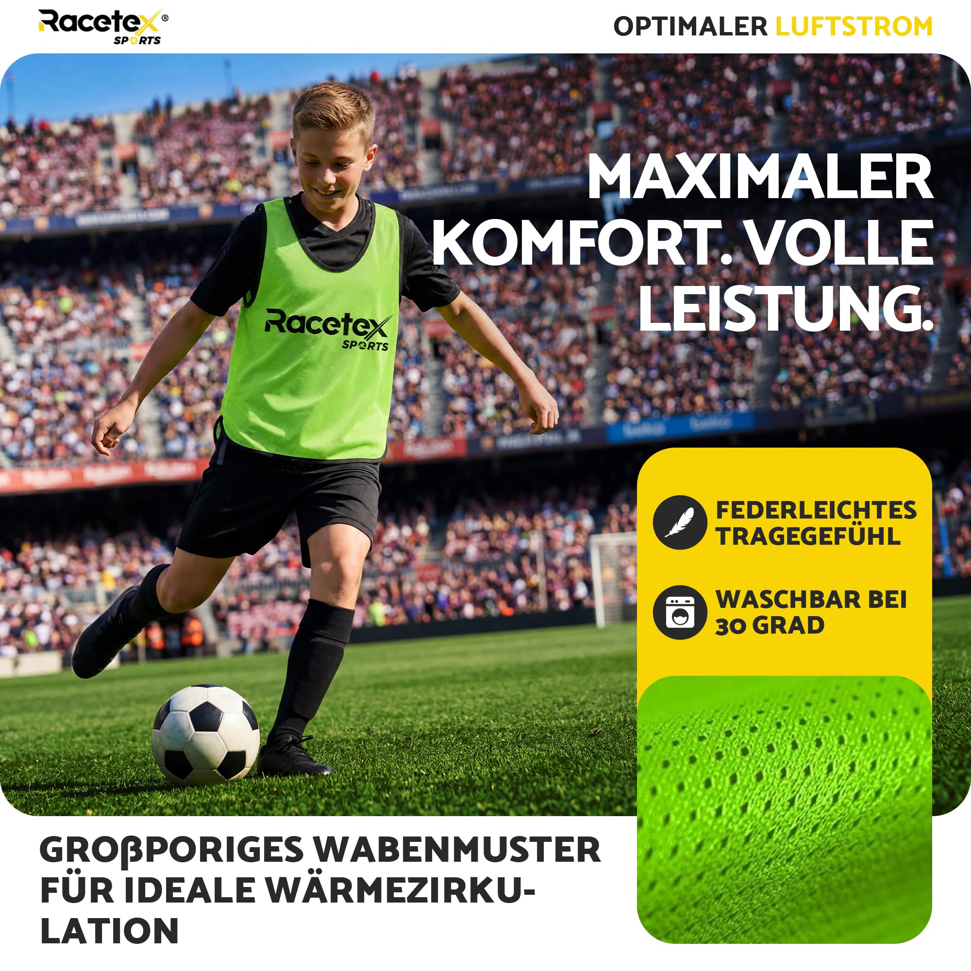 Racetex Leibchen Fussball Kinder und Herren 10er Set – Leibchen Fussball Herren und Damen – Leibchen Kinder mit atmungsaktives Mesh, leuchtende Farbe inkl. Netzbeutel für mühelose Mitnahme