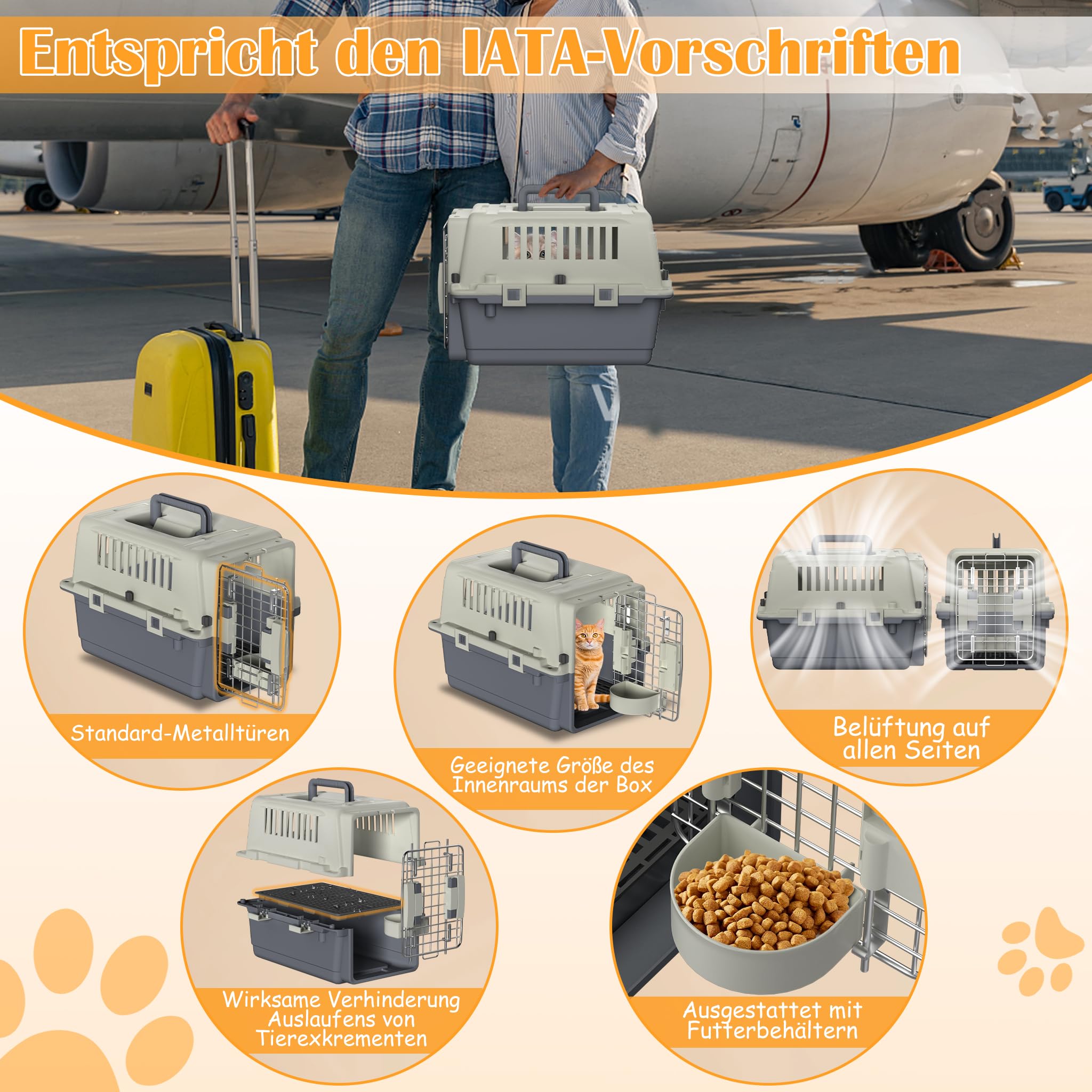NAIZY Transportbox Hund, 60x39.5x44cm Hundtransportbox Reise & Transport Flugzeugbox mit Metall Tür und Lüftungsschlitze Fenster Hundbox Belastbar bis 9KG inkl. Pinkelpads Fressnäpfe Griff