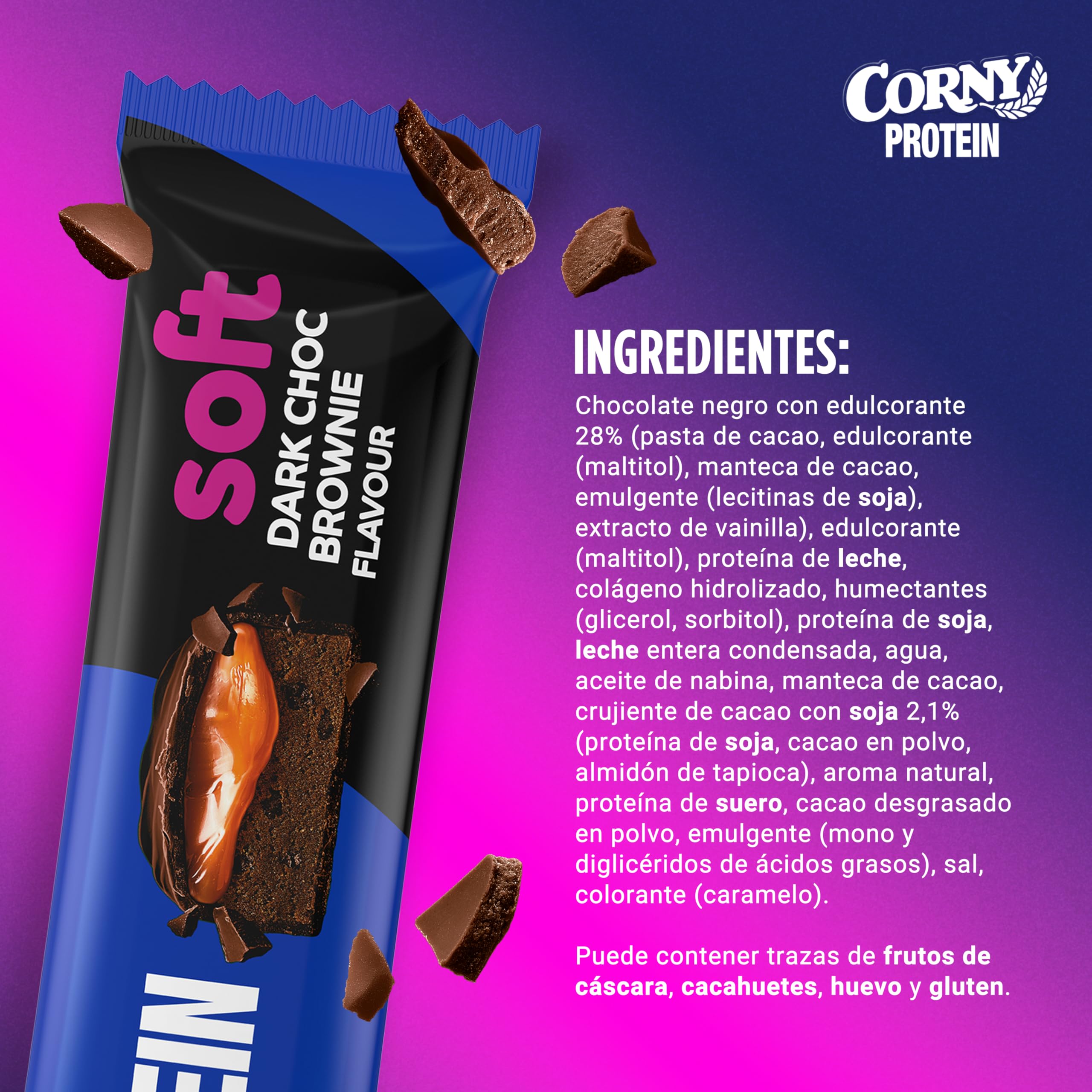 Barritas de Proteínas, Corny Protein,Soft Chocolate Negro con Brownie,13,5 gr de Proteínas, 0% Azúcares Añadidos, Ayudan al Desarrollo y Recuperación de la Masa Muscular, Pack 12x45g, Taste the Power