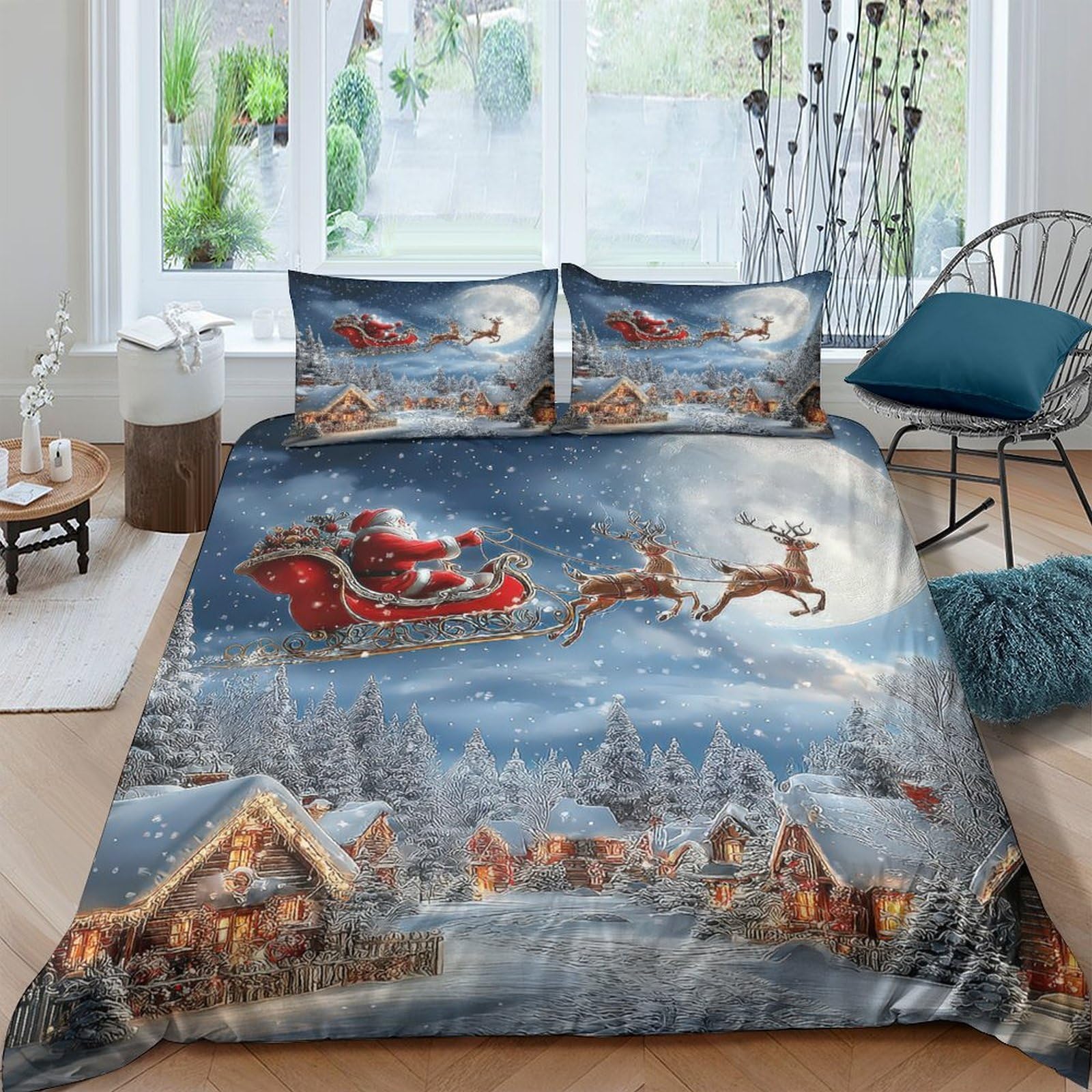 Ctjqhvkz Style-2 3D Printed Christmas Santa Sleigh Fitted Sheet Microfiber Soft Anti-Slip Village Bed Cover For Bedroom Guest Room Single（135X200cm）