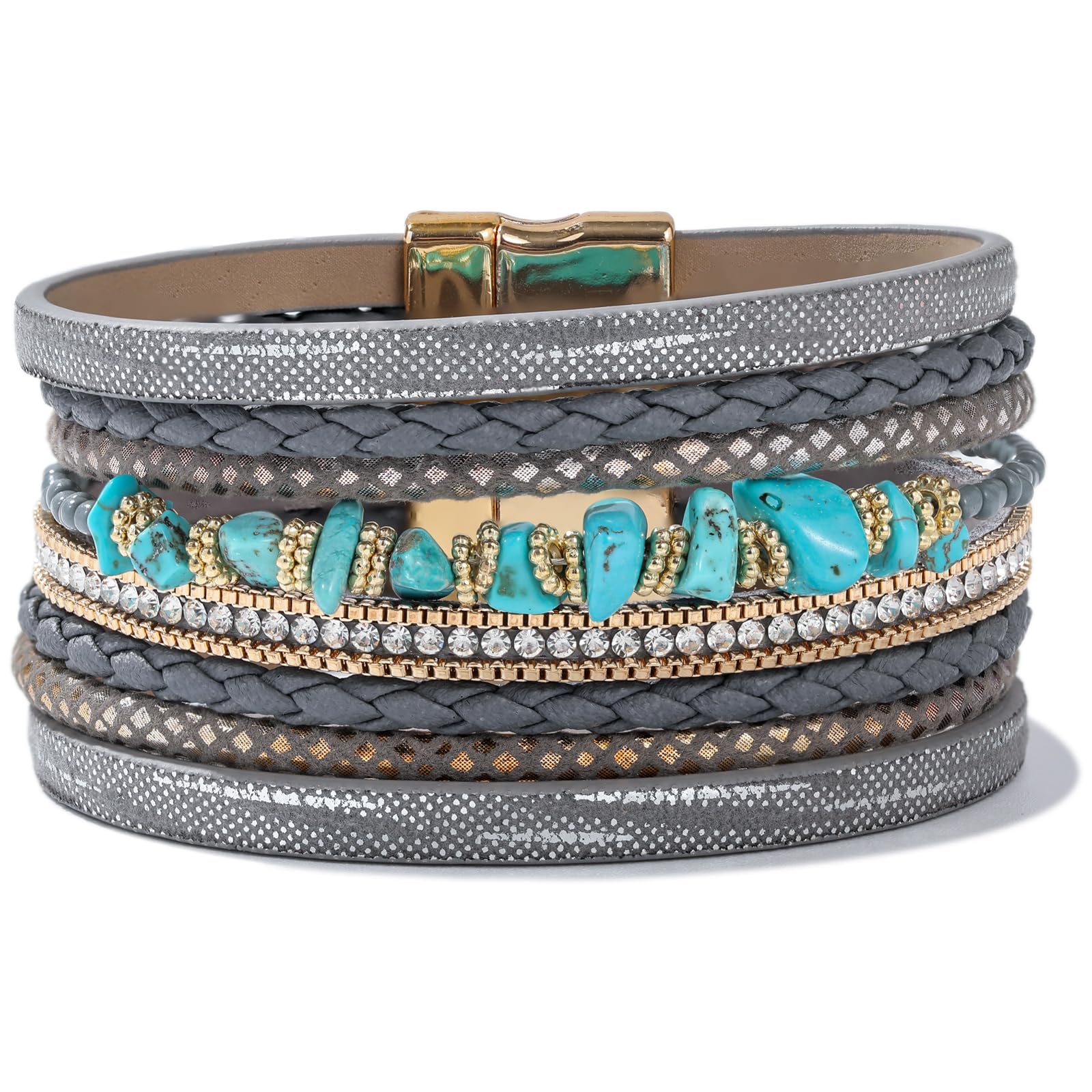 FANCY SHINY Turquoise Beaded Leather Wrap Bracelets Stackable Boho Cuff Bracelets with Magnetic Clasp Trendy Western Jewelry Cowboy Cowgirl Outfits