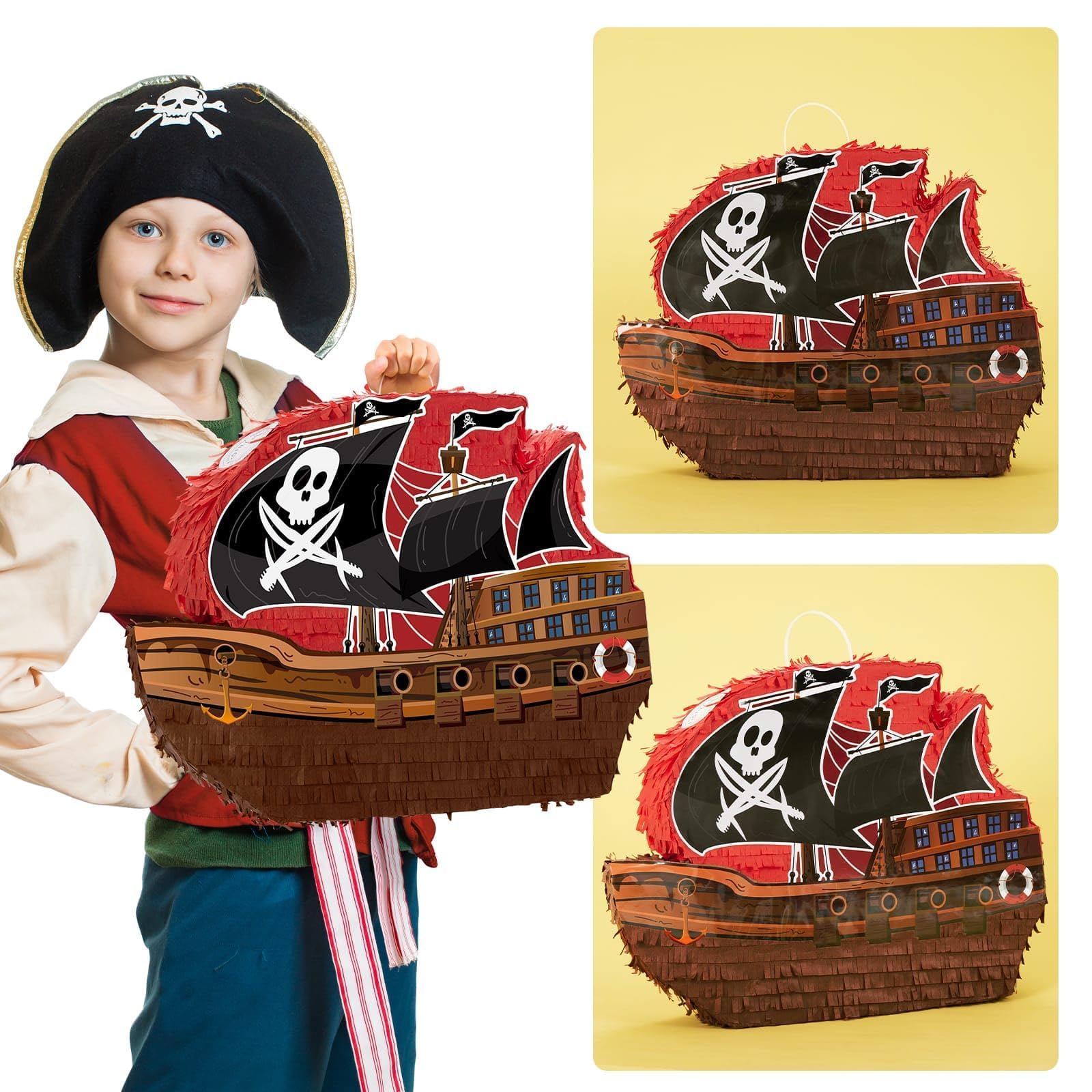 WERNNSAI Piraten Pinata – 41,9 cm x 31,6 cm x 7,5 cm Pirat Pinata Geburtstag Junge Kinder Piraten Piñata mit Stock Augenbinde Piñata Komplettes Set Abenteuer Partyspiel