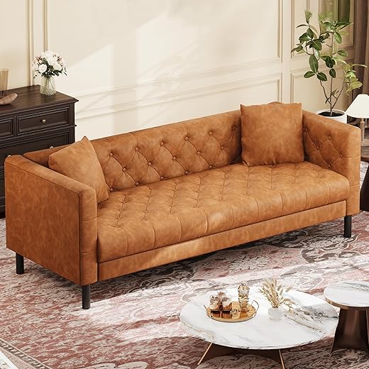 GarveeHome 81" Leather Couch for Living Room, Chesterfield Sofa with Deep Seat, Handmade Button Tufted 3 Seater Sofa, Modern Leather Sofa for Apartment, Office, Cognac Tan