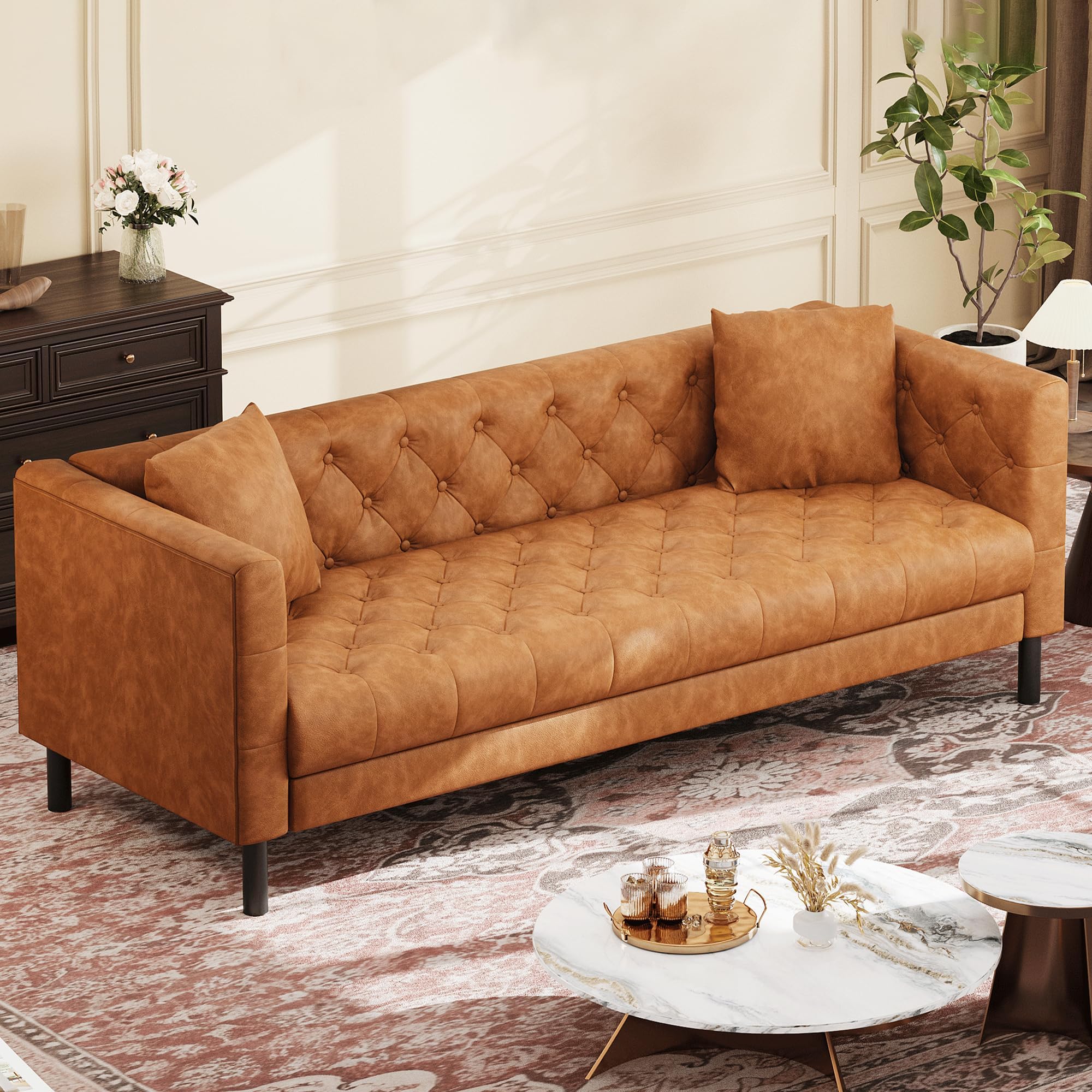 View 1 of (used)(see images) GarveeHome 81" Leather Couch for Living Room, Chesterfield Sofa with Deep Seat, Handmade Button Tufted 3 Seater Sofa, Modern Leather Sofa for Apartment, Office, Cognac Tan